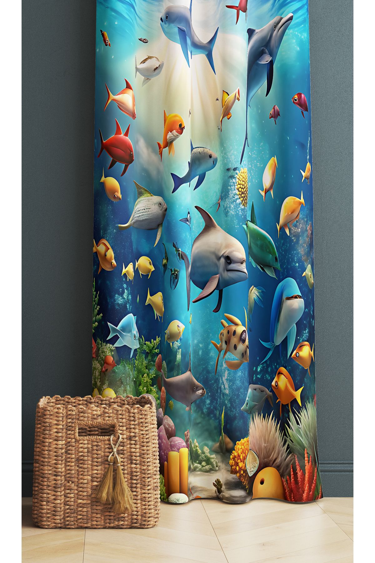 Else Dekor Cortina De Fundal Pentru Camera Copiilor Cu Modele De Pești Subacvatici 140x260cm - 140 x 260