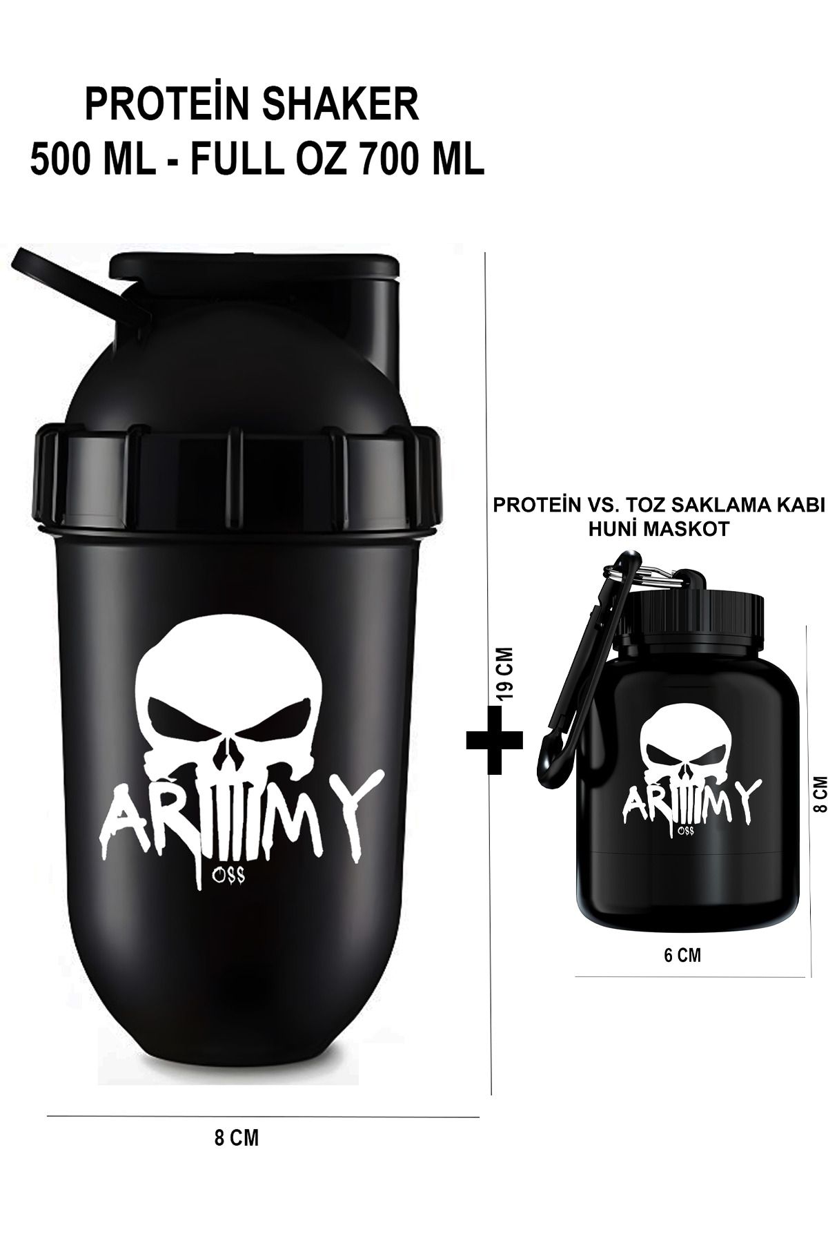 GAZELMANYA Protein Shaker + Toz Saklama Hunisi Sporcu Shaker + Toz Saklama Kabı Fitness Shaker Pillbox