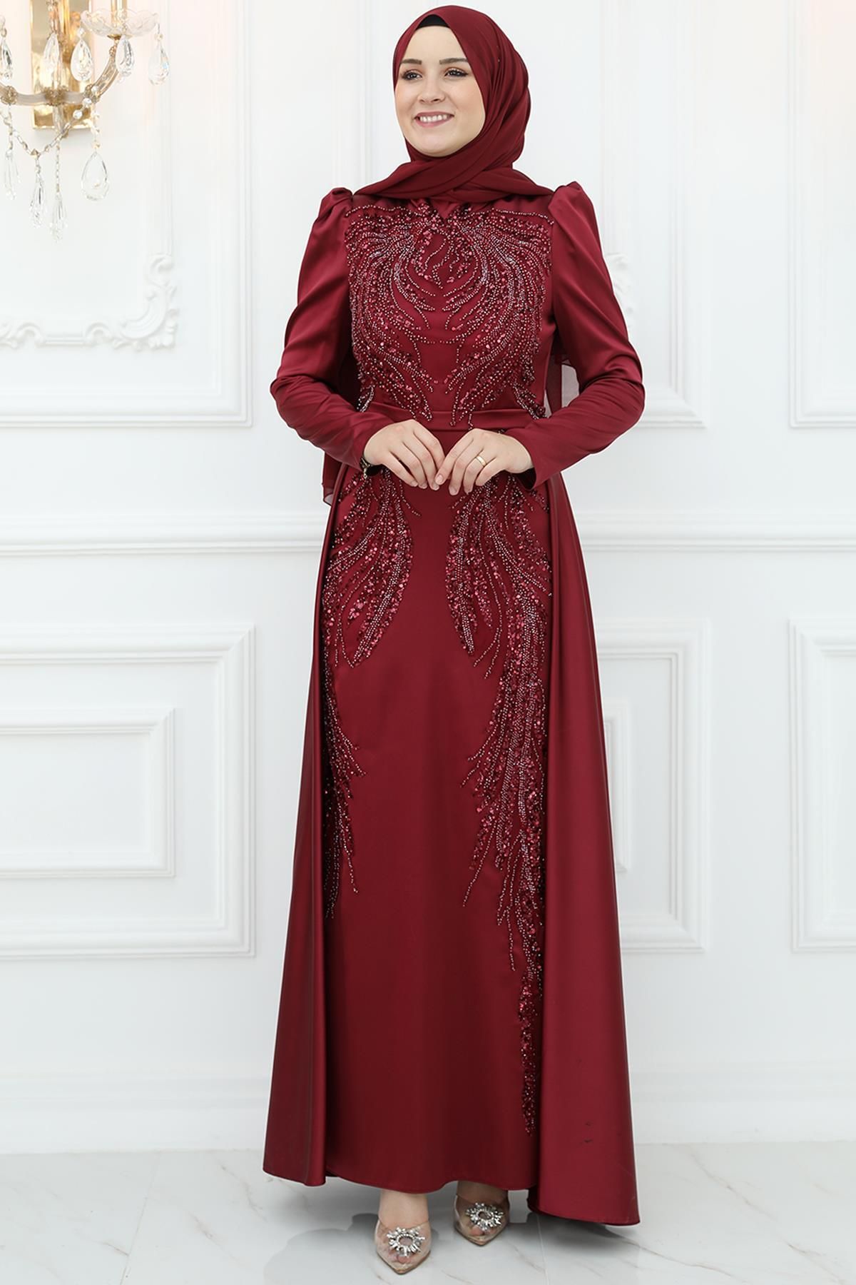 Amine Hüma-Arya Satin Evening Dress Claret Red 2