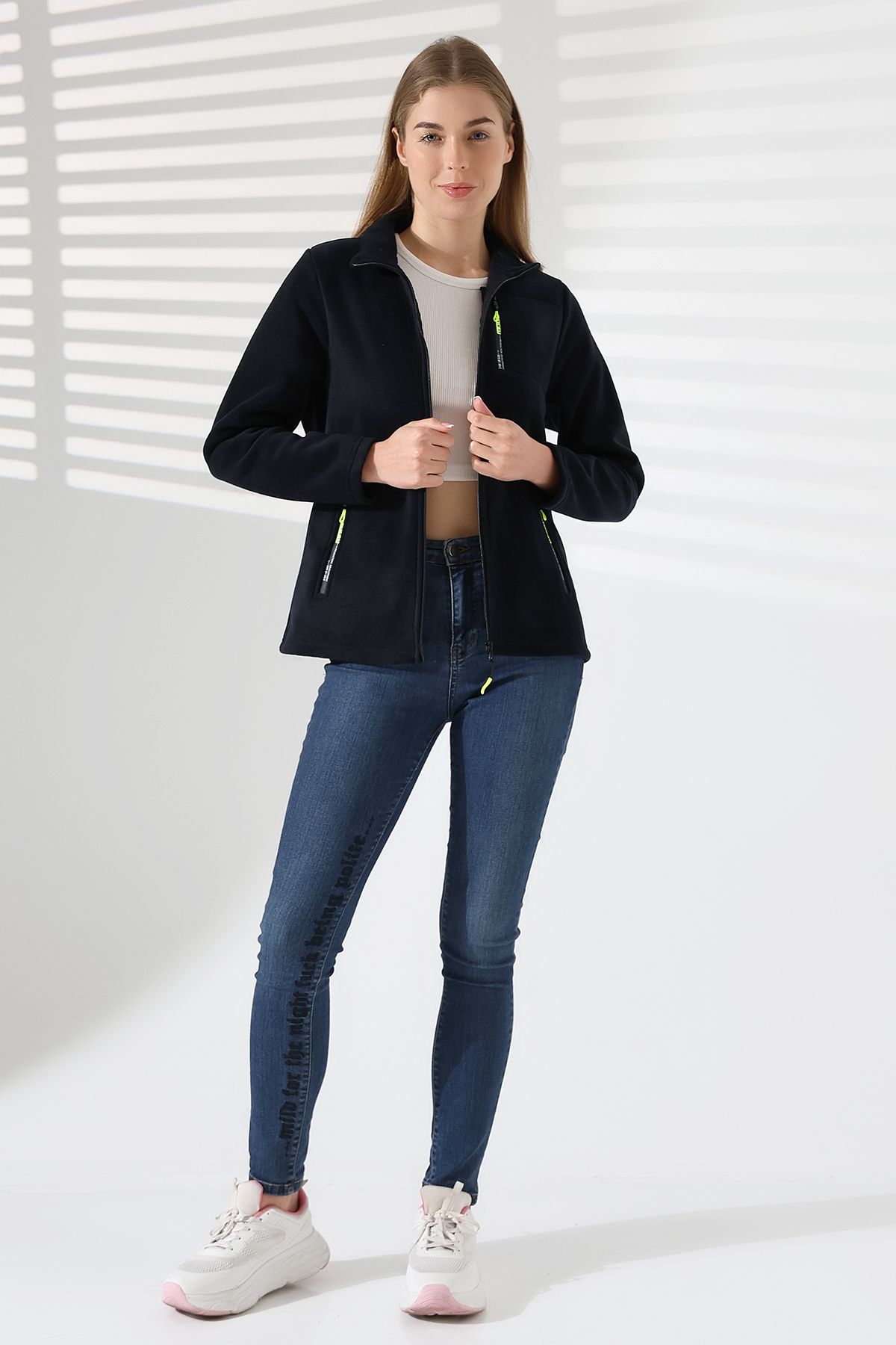 TİJA-Women's Zippered Pocket, Navy Blue Fleece Cardigan, Jacket 6