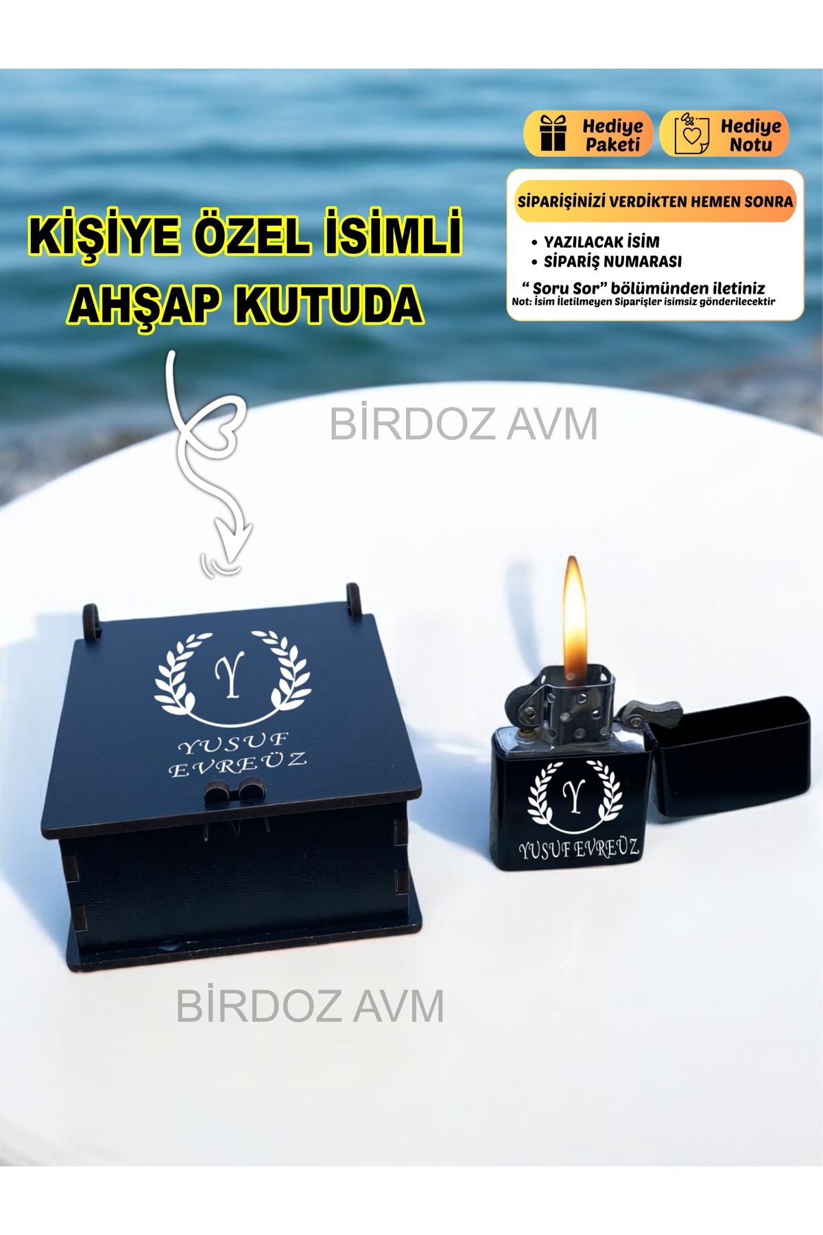 birdoz avm Kişiye Özel İsimli Harf Özel Tasarım Siyah Benzinli Çakmak & Özel Ahşap Kutusunda