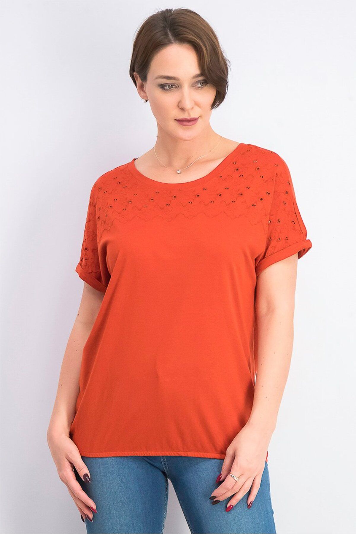 Tchibo-Women Crew Neck Short Sleeved Plain Tops, Rust Red 1