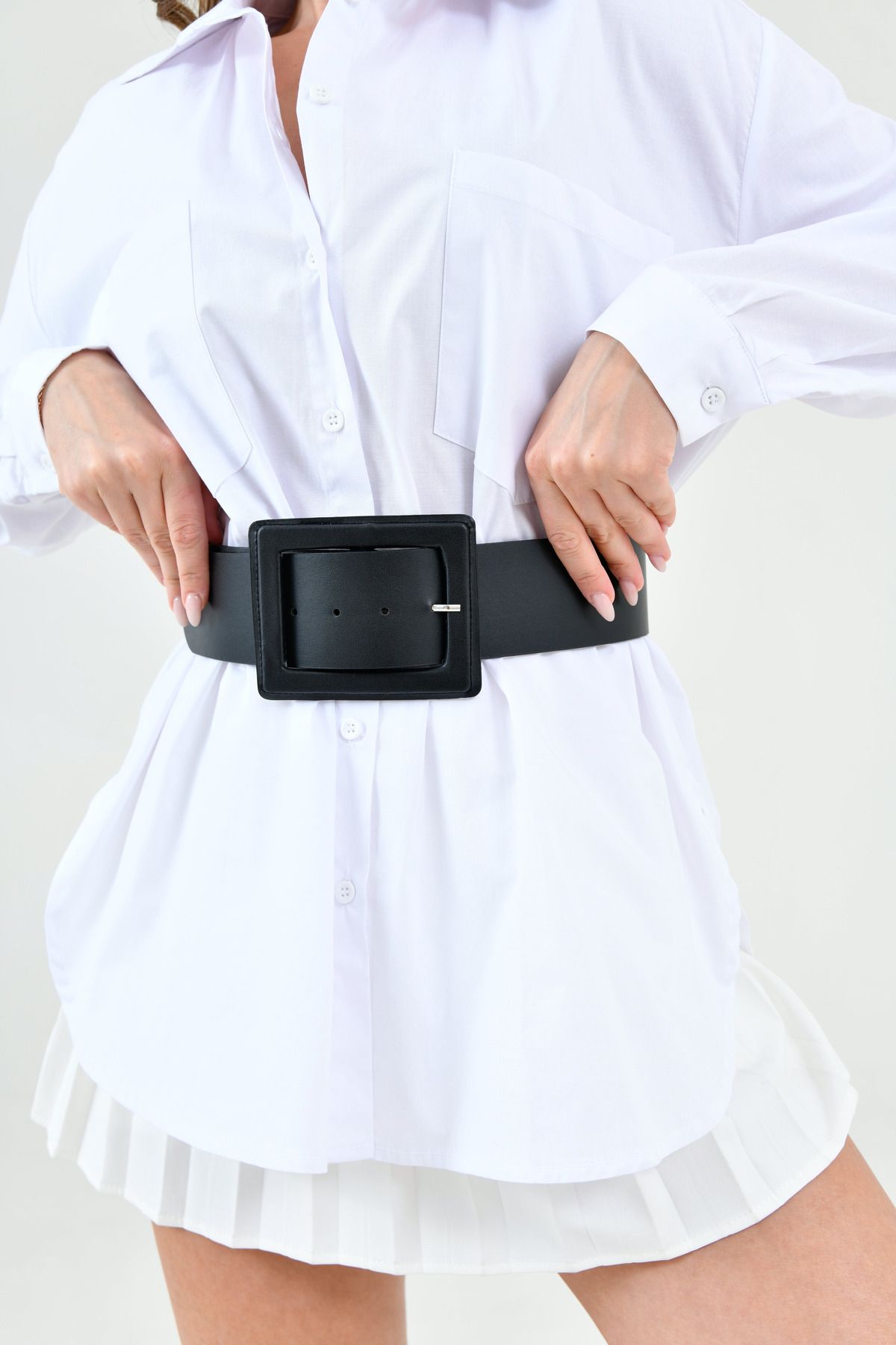 bayansepeti-Faux Leather Stylish Design Buckle Wide Band Clothing Accessory Black Belt 15525 6