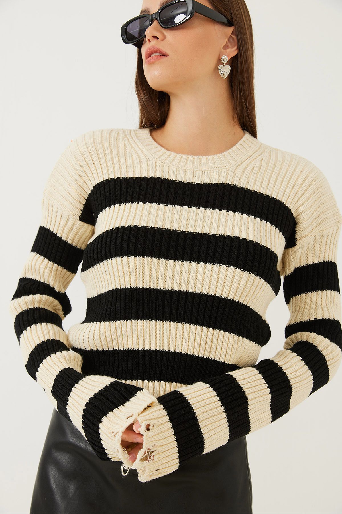 Bianco Lucci-Women's Ripped Detailed Striped Sweater 85001009 7