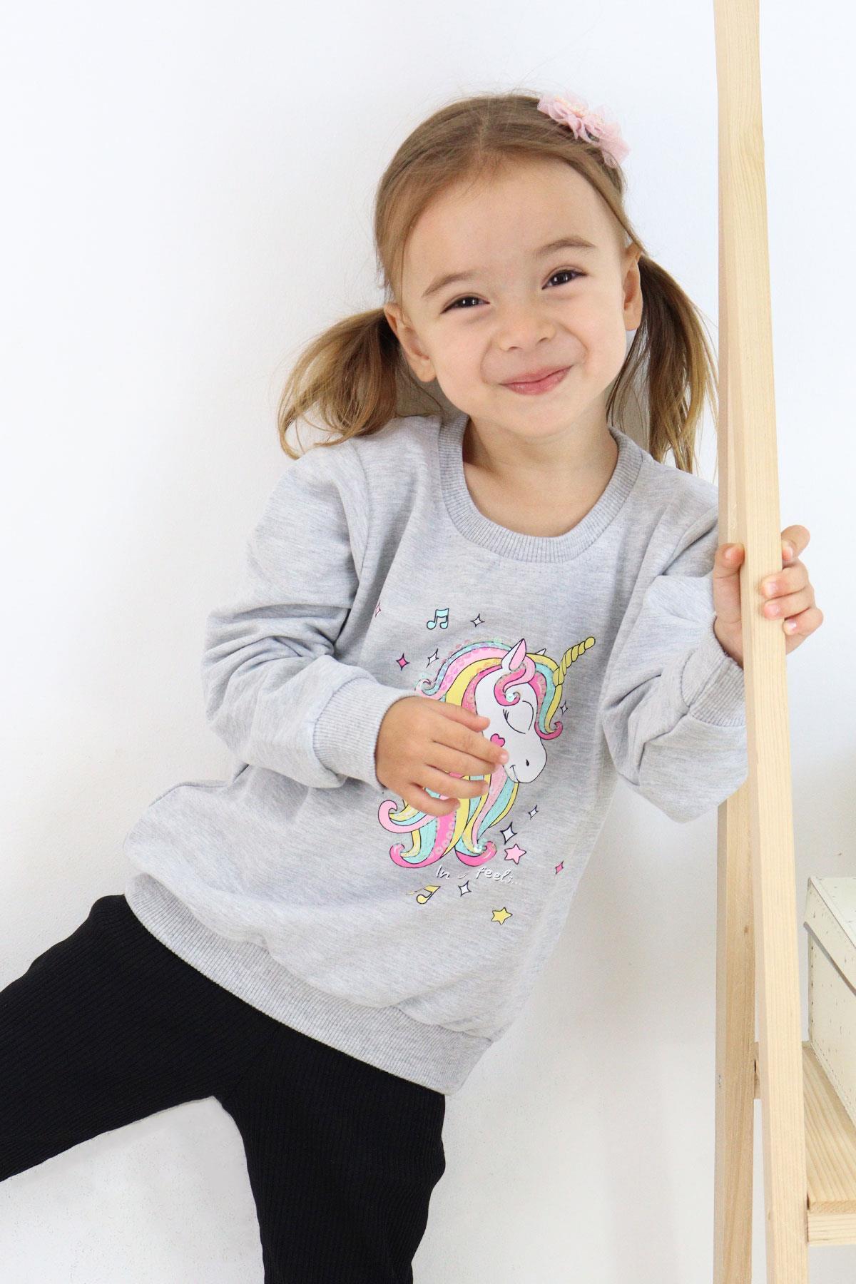 Breeze Kız Çocuk Sweatshirt Baskılı Pullu Unicorn 2-6 Yaş, Gri Melanj fotoğrafı 3 (önizleme)