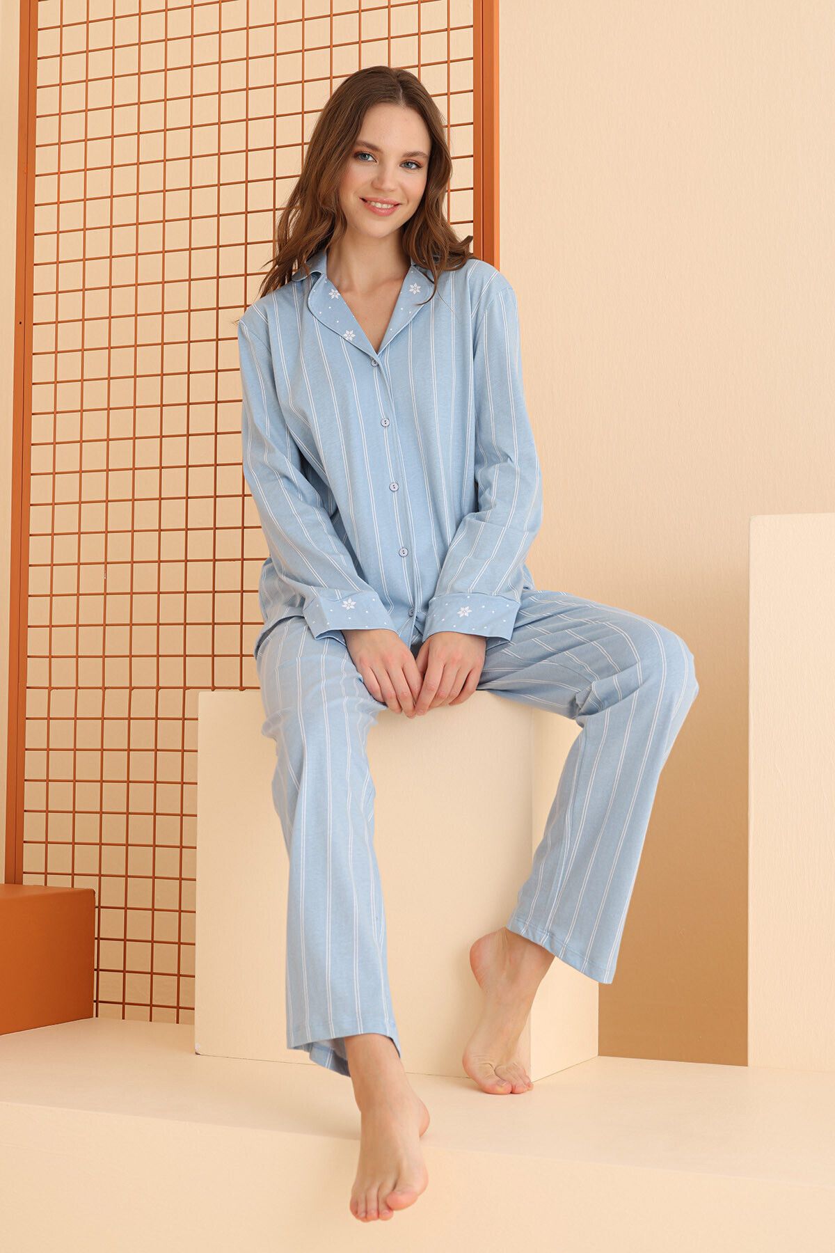 NBB-Women's Striped Front Buttoned Shirt Collar Long Sleeve Pajama Set 100% Cotton 2