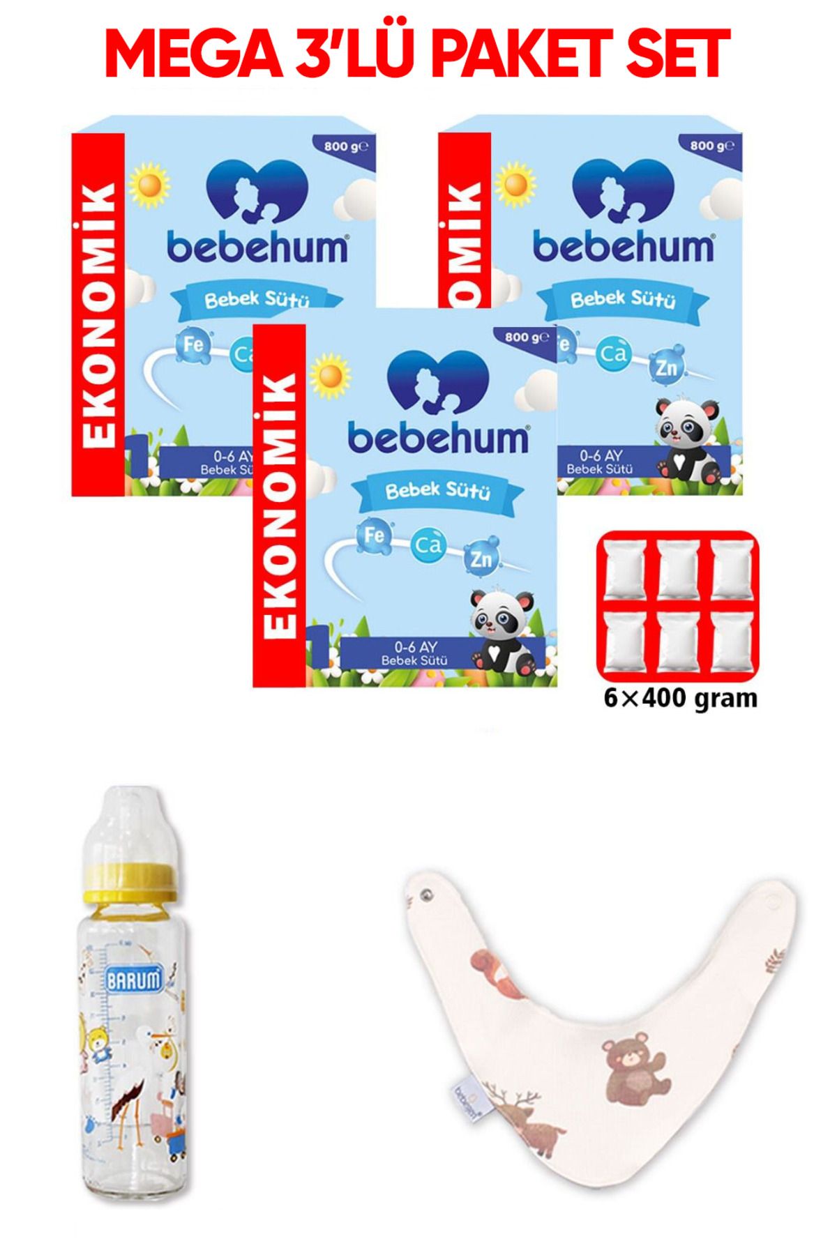 bebehum 1 Bebek Sütü 3x800 gr 0-6 Ay Biberon ve Mama Önlüğü Seti