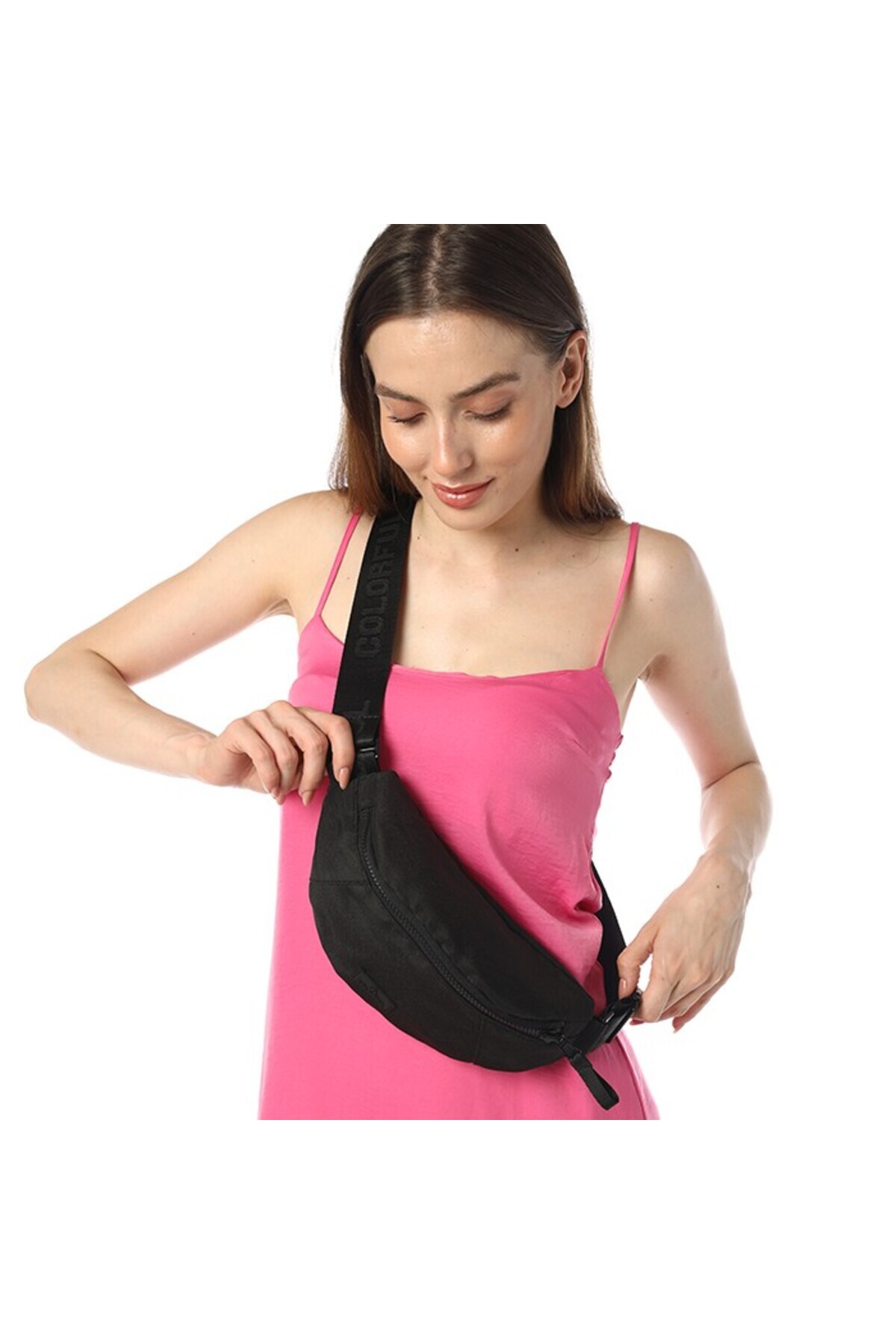Colorful Stello Çift Taraflı Bel Omuz Çantası Oxford Kumaş - Çiçek Desen - Siyah görsel 5