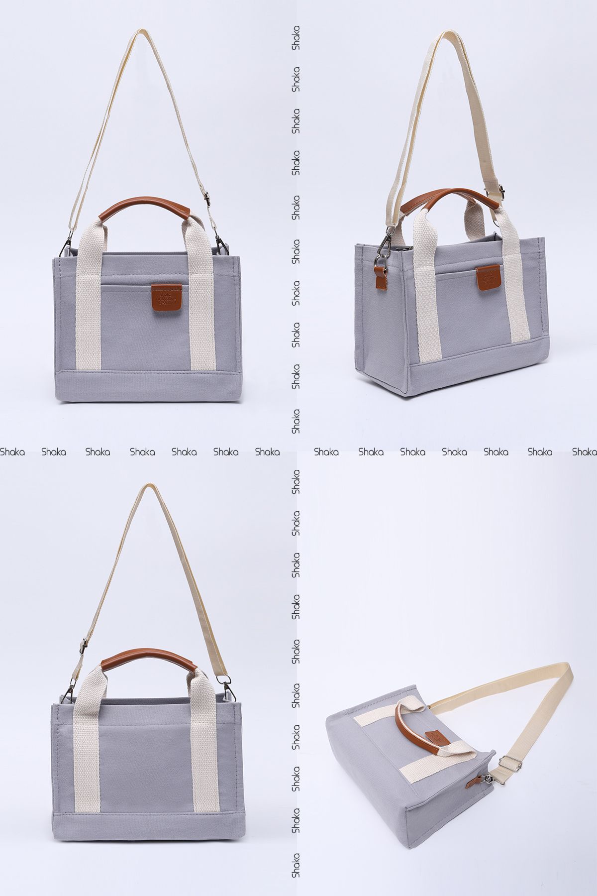 SHAKA-Gray Shk138 2 Compartment Canvas Fabric Adjustable Strap Zippered Hand, Arm and Shoulder Bag L:17 W:24 E 8