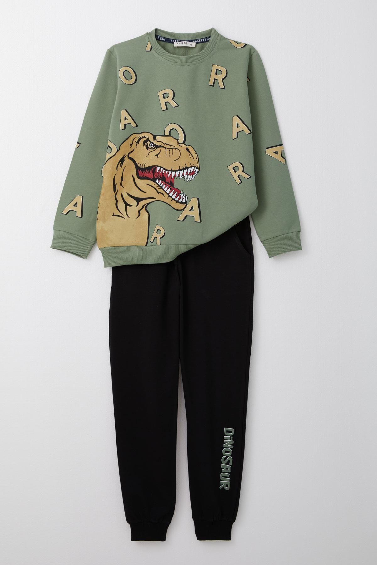 Breeze-Boy's Tracksuit Set Strong Dinosaur Printed Letter Patterned Age 5-10, Khaki Green 1