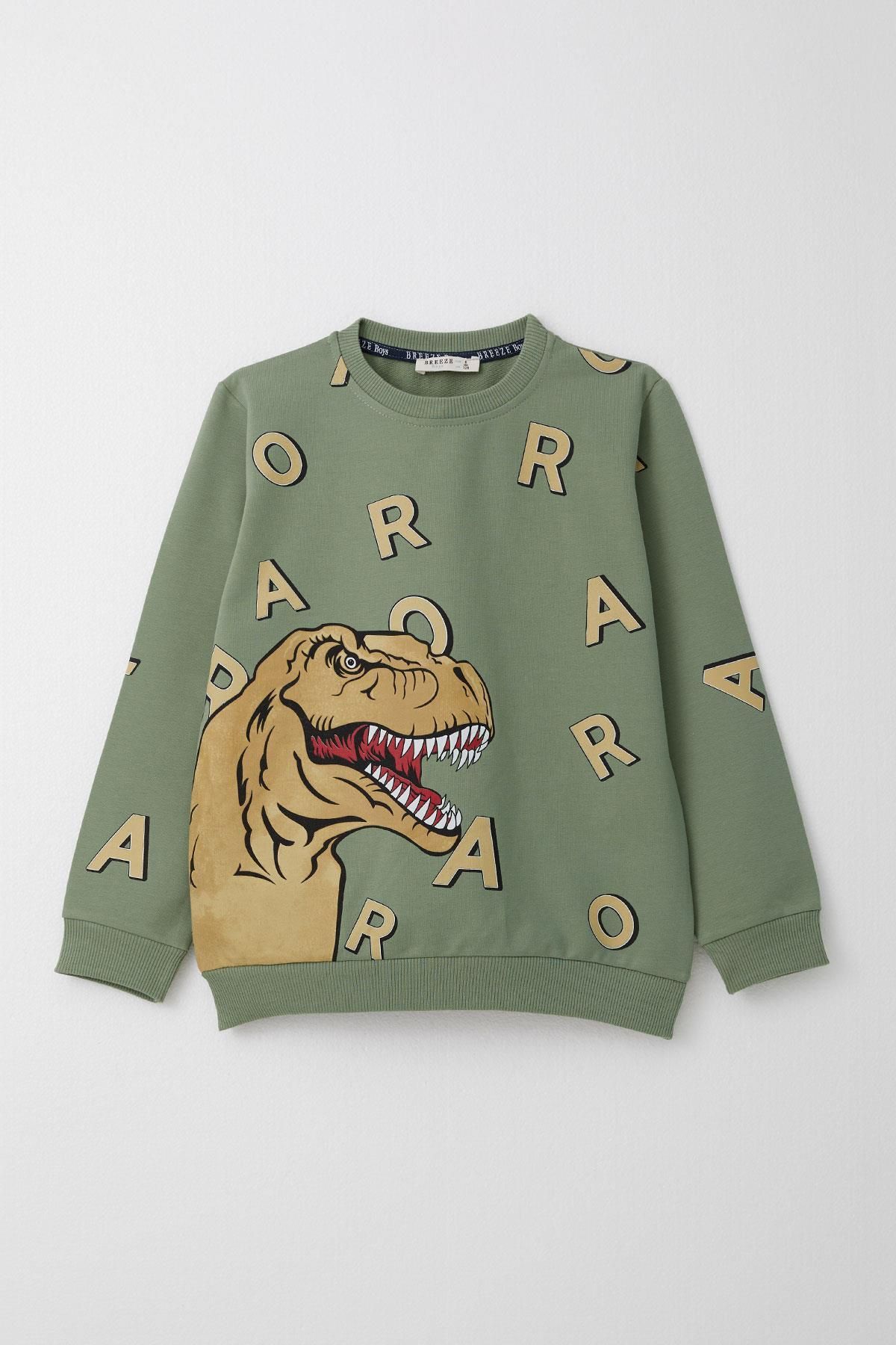 Breeze-Boy's Tracksuit Set Strong Dinosaur Printed Letter Patterned Age 5-10, Khaki Green 2