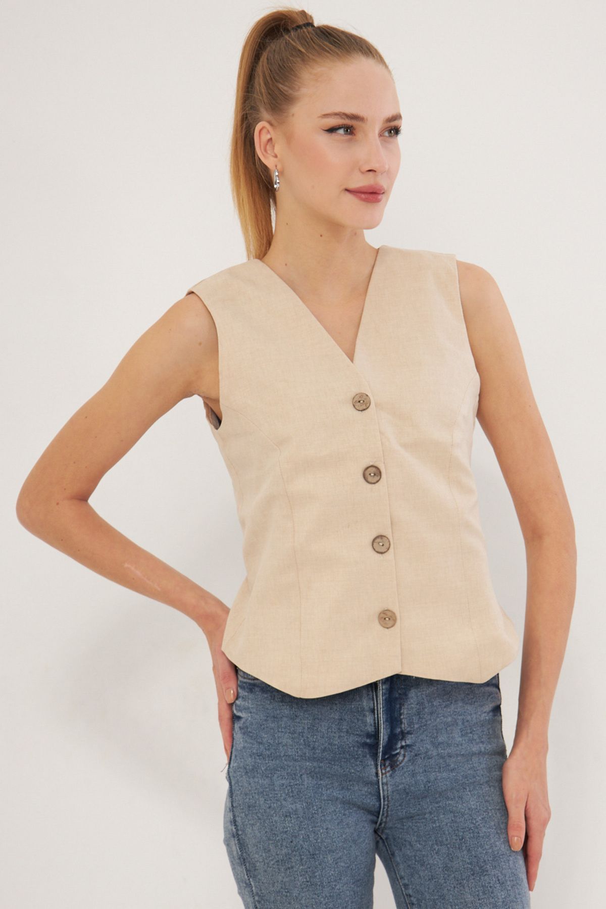 armonika-Women's Cream V-Neck Fitted Linen Look Lined Vest Arm-24Y 001111 1