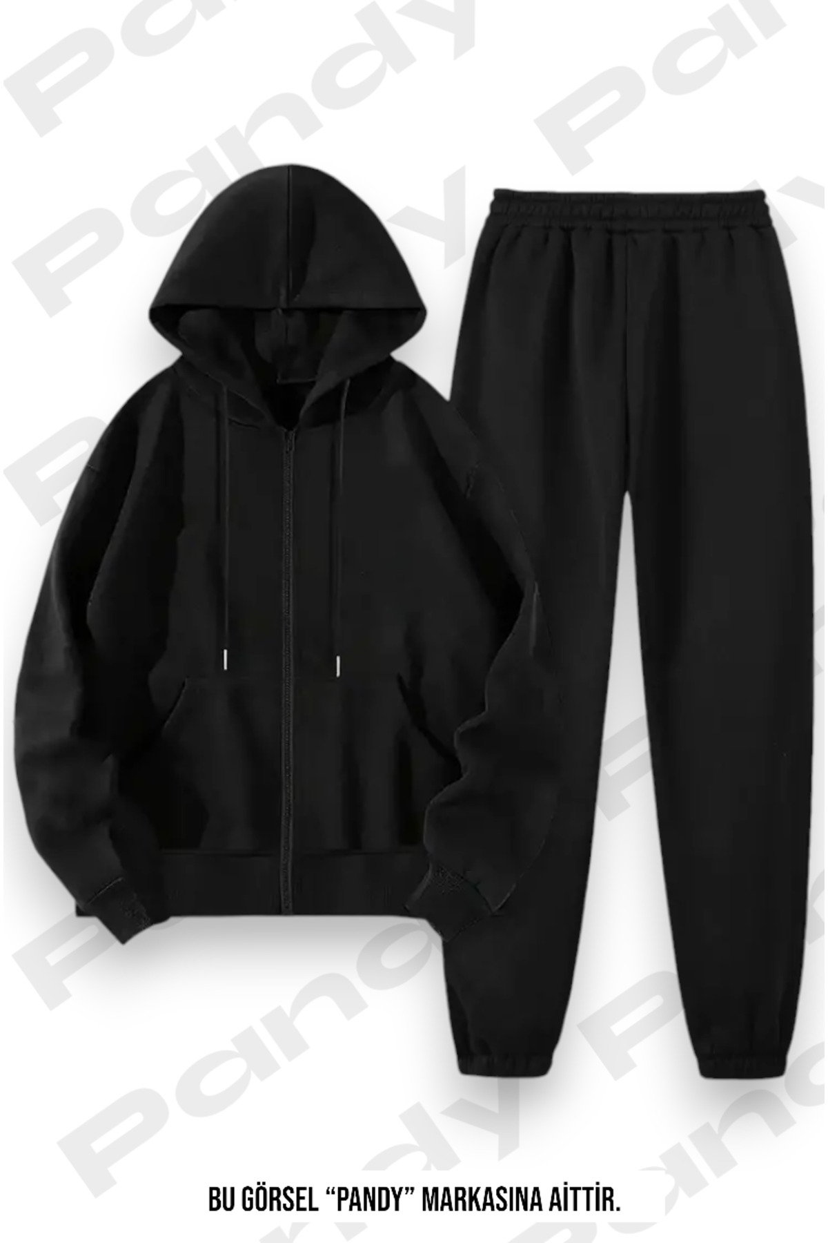 pandy Unisex Mevsimlik Fermuarlı Üst Lastikli Alt Eşofman Takımı — مشکی pndyfrmrltkm