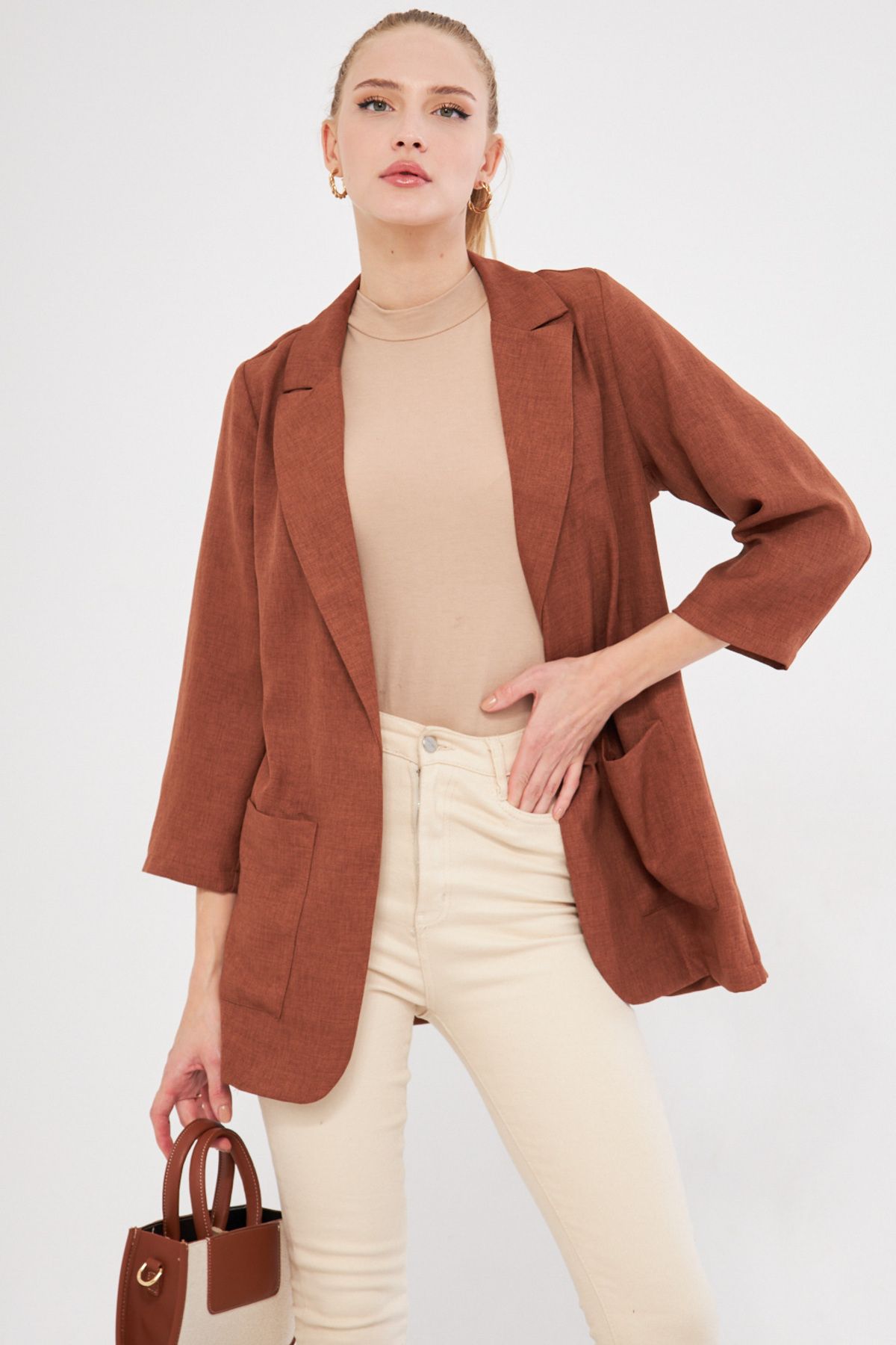 armonika-Women's Brown Oversize Jacket with Pockets Arm-24Y 001115 4