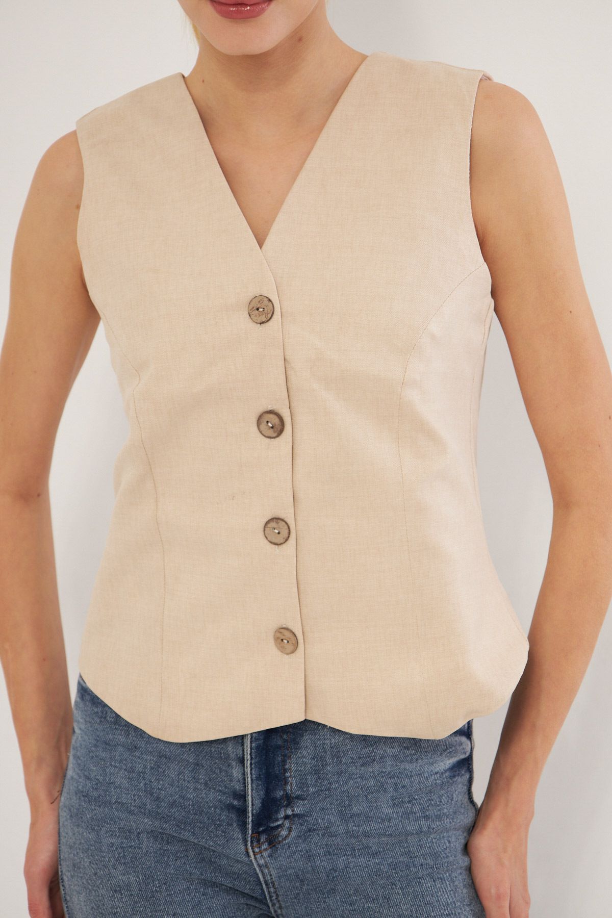 armonika-Women's Cream V-Neck Fitted Linen Look Lined Vest Arm-24Y 001111 2