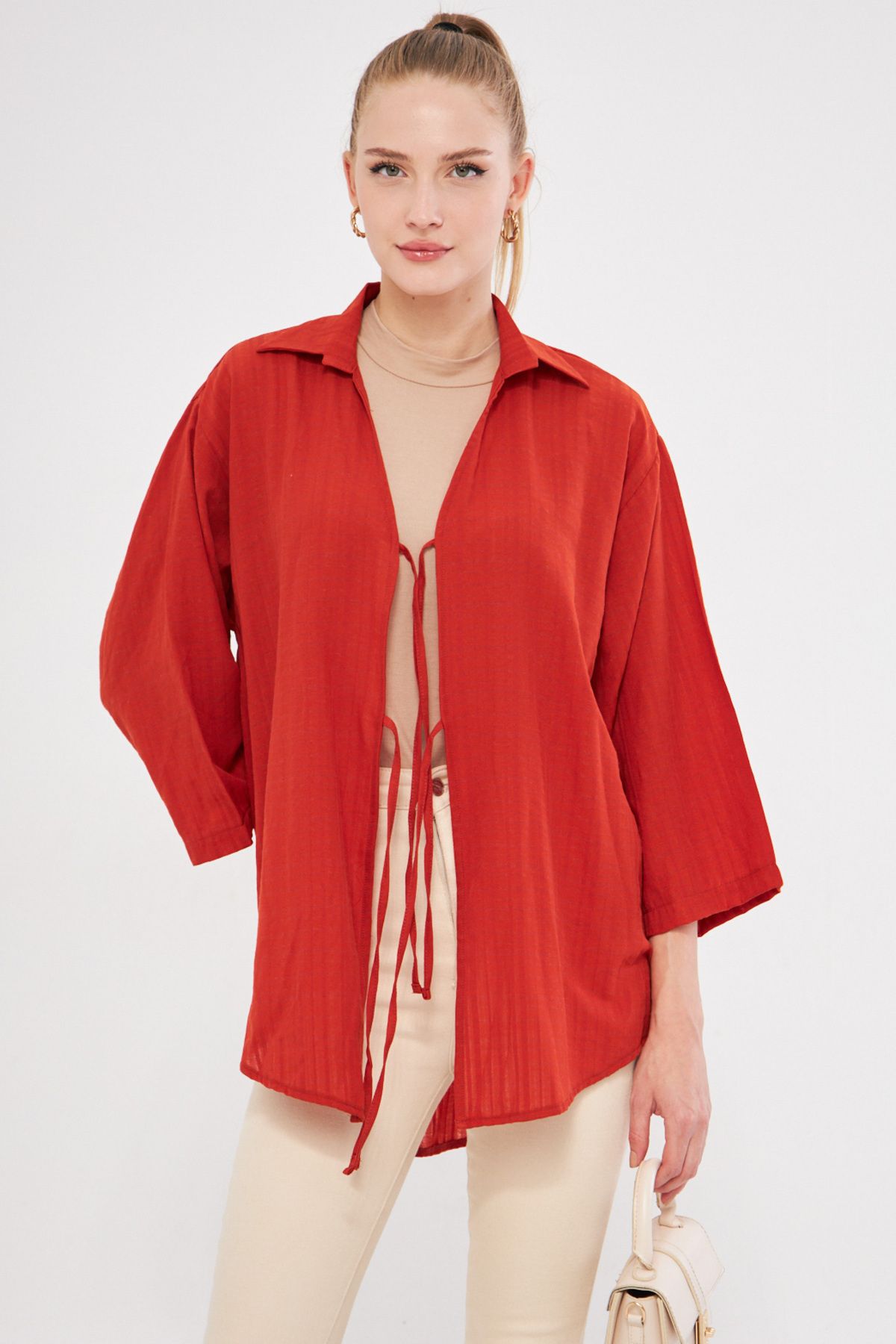 armonika-Brick Colored Women's Kimono Shirt - Collared and Front Lace-Up, Arm-25K 001006 3