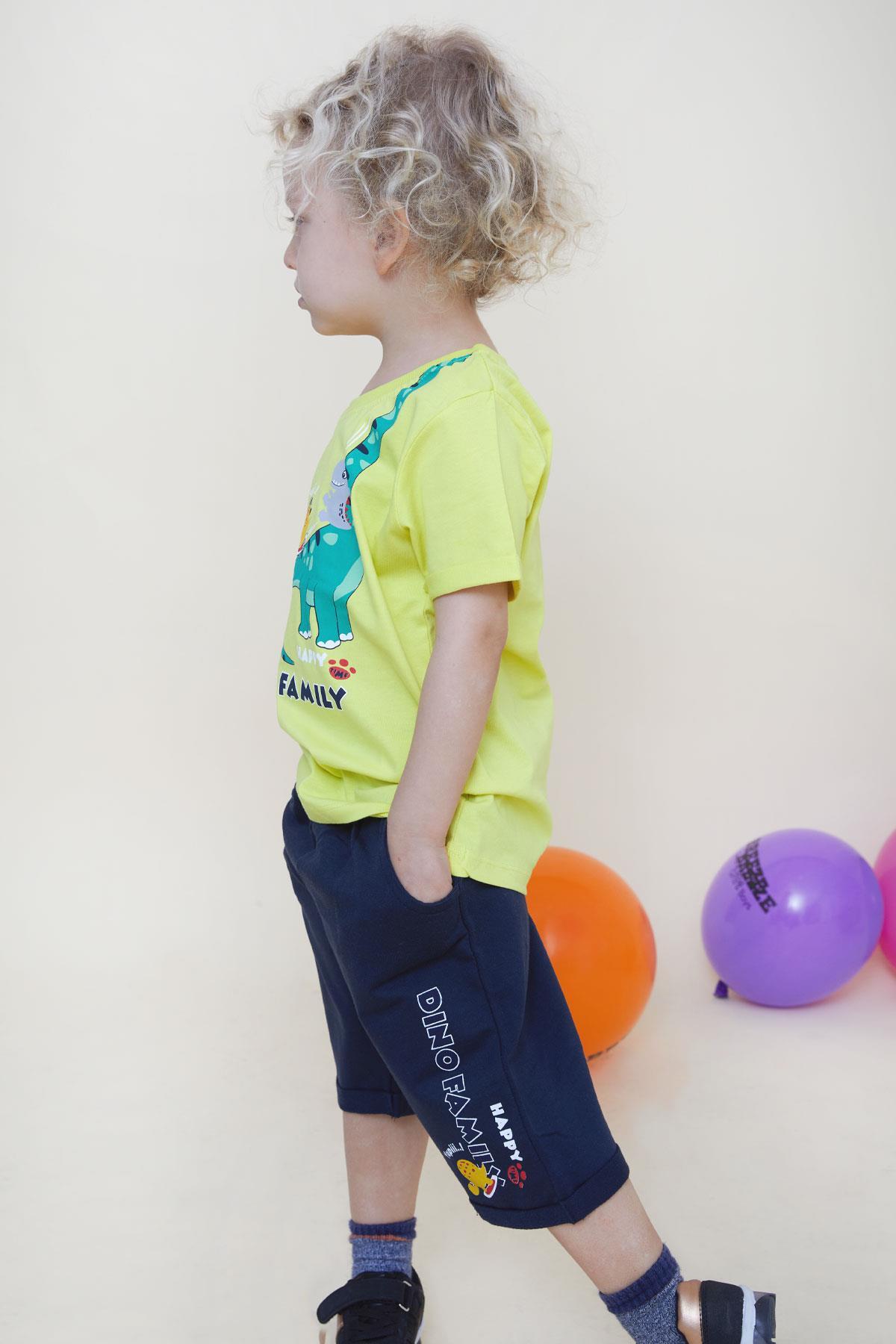Breeze Girls & Boys Erkek Çocuk Şortlu Takım Mutlu Dinozor Aile Baskılı 1-4 Yaş, Sarı fotoğrafı 3 (önizleme)