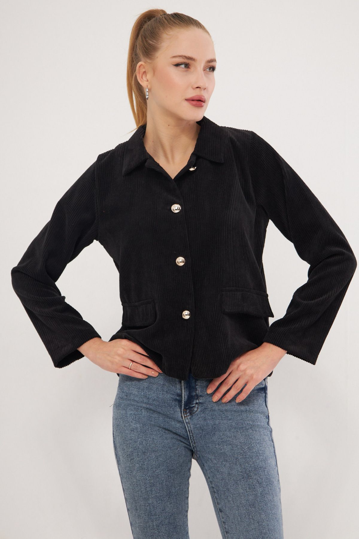 armonika-Women's Black Velvet Jacket with Pocket Flap Arm-25K 001037 3