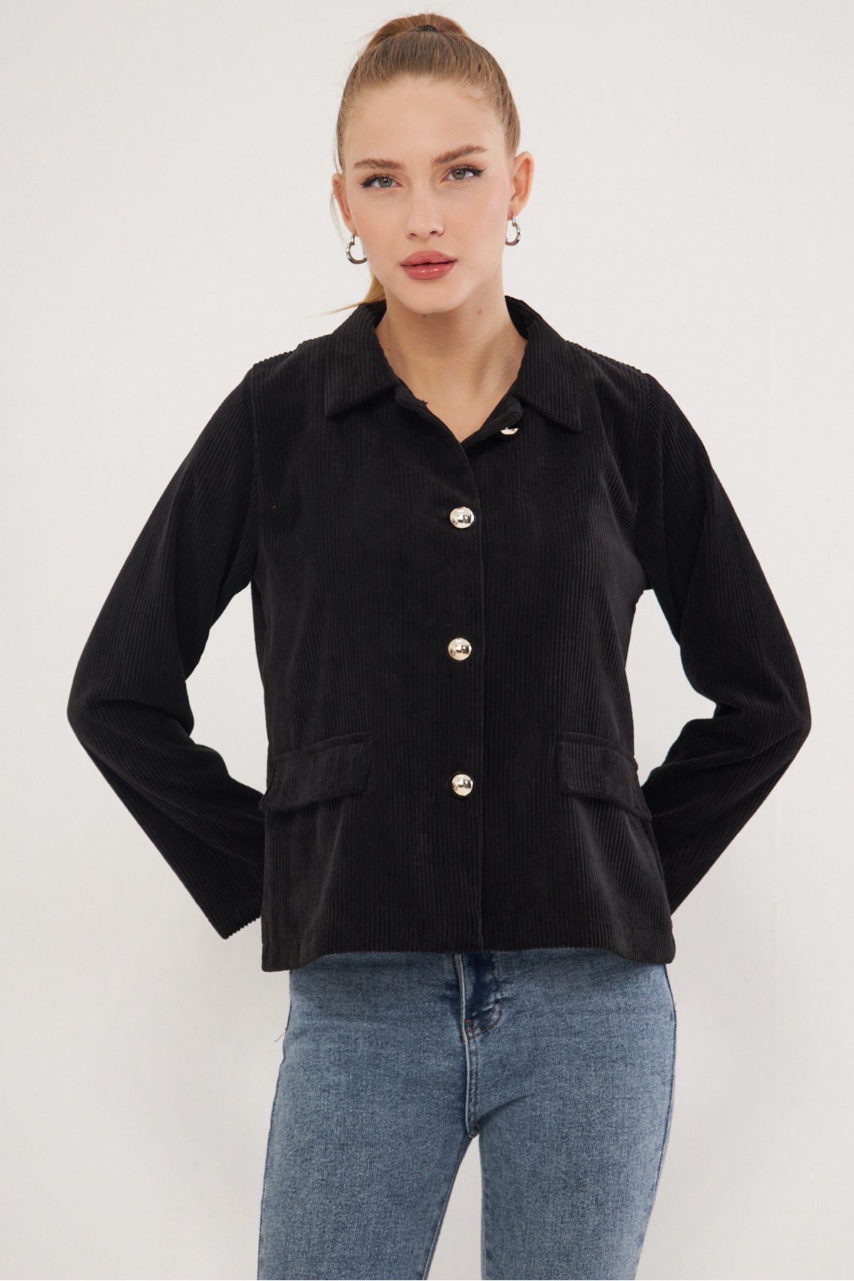 armonika-Women's Black Velvet Jacket with Pocket Flap Arm-25K 001037 4