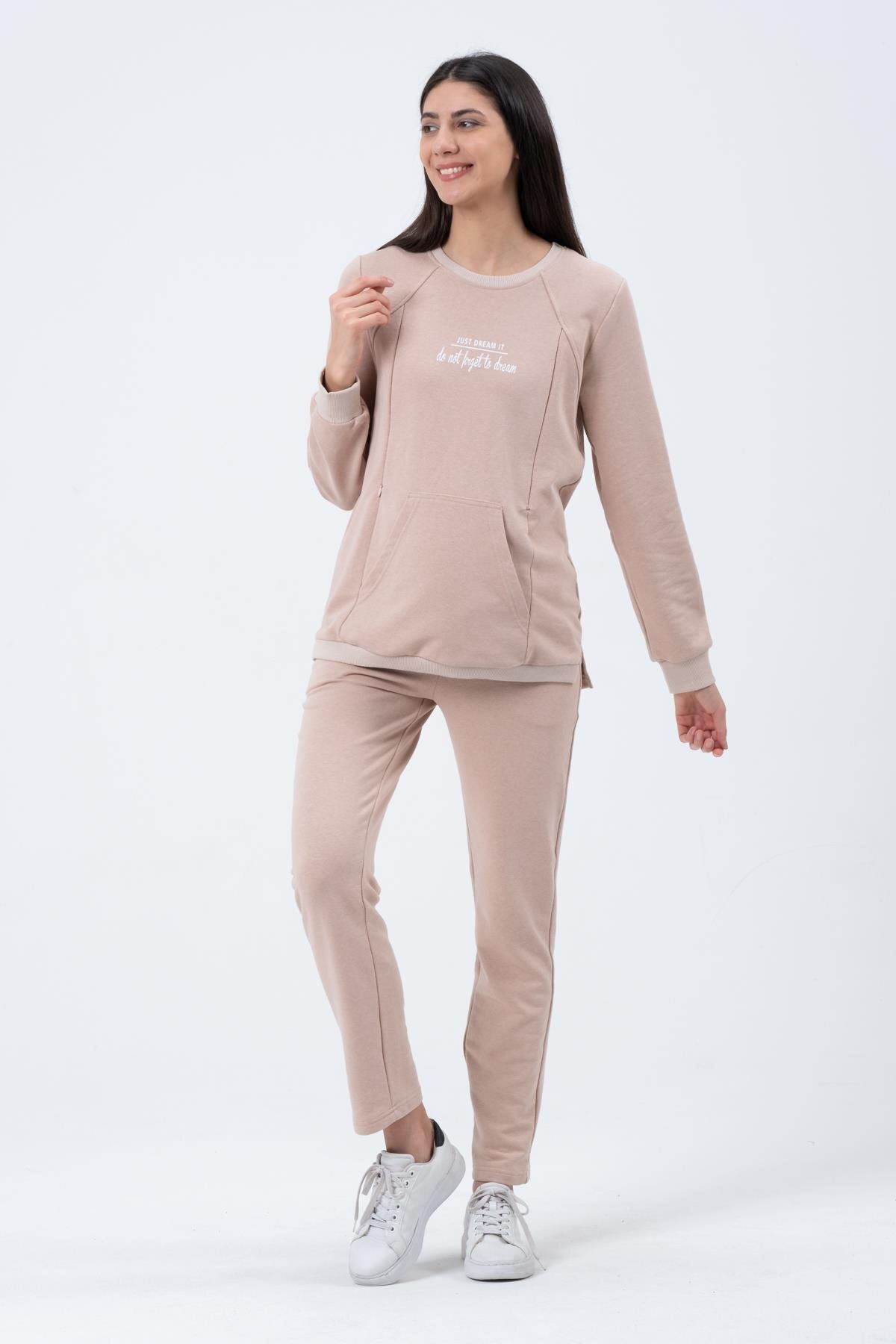 BUSA-Pregnant Breastfeeding Detailed Three Thread Tracksuit Set Beige 1