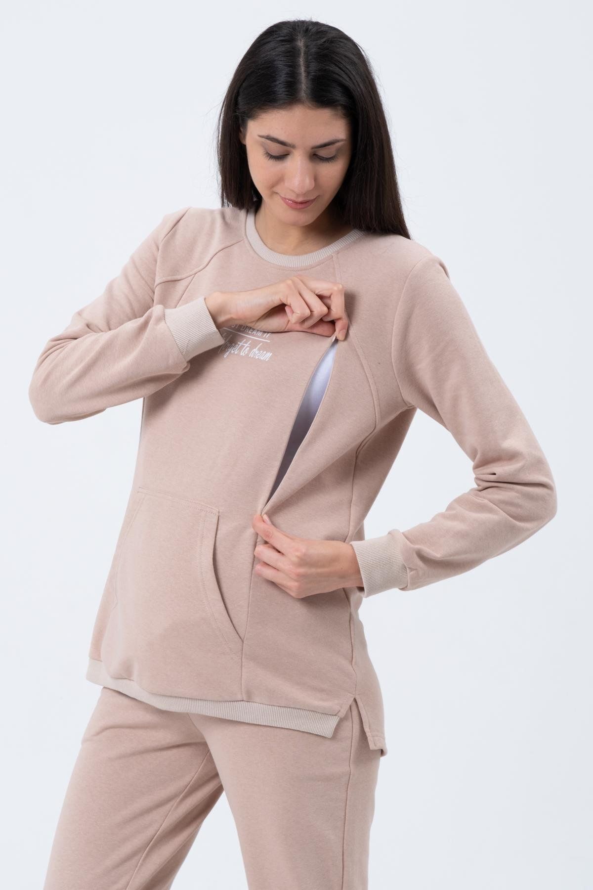 BUSA-Pregnant Breastfeeding Detailed Three Thread Tracksuit Set Beige 3