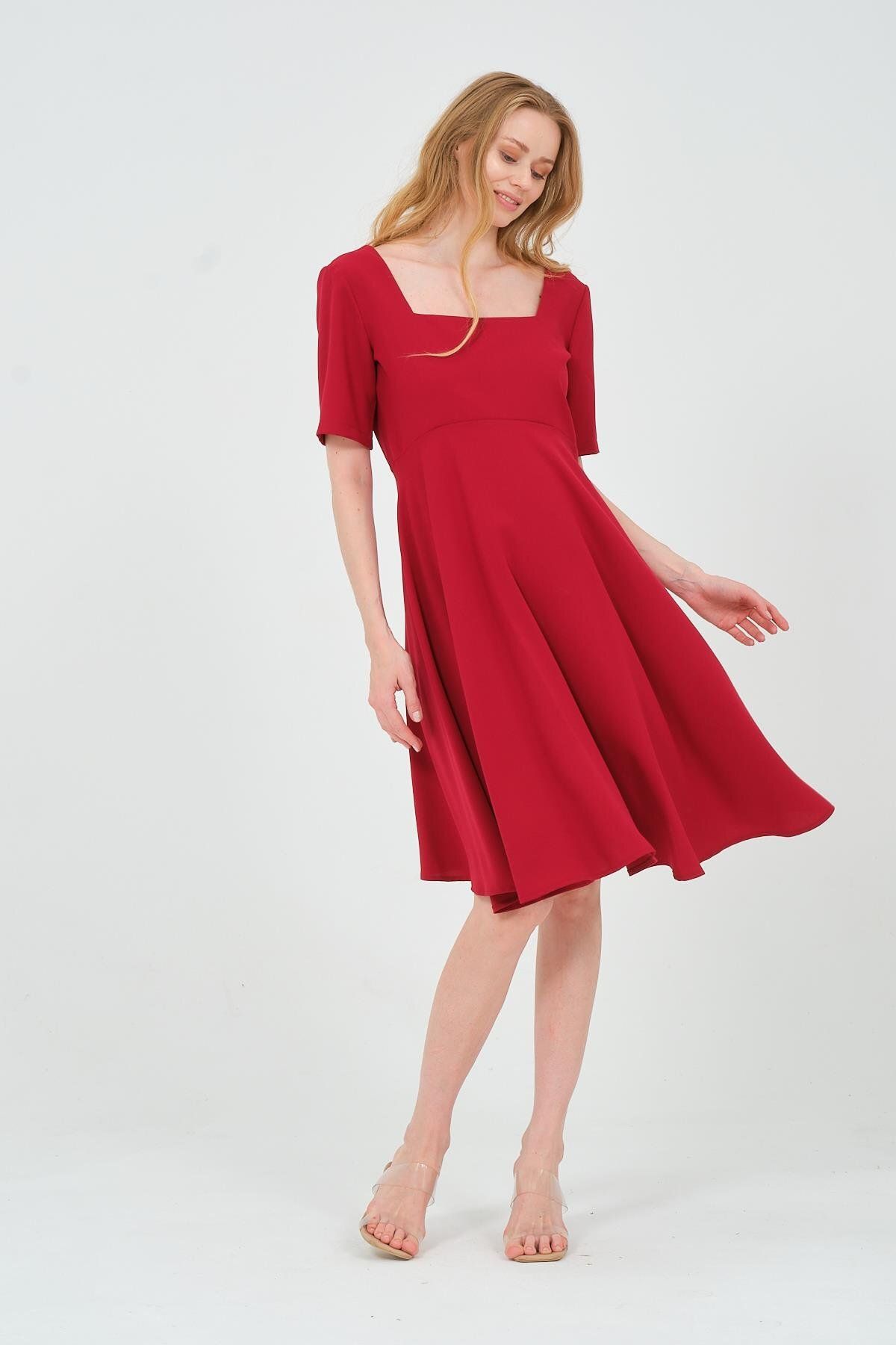 BUSA-Burgundy Maternity Midi Evening Dress - Short Sleeve, Square Collar Dress 2