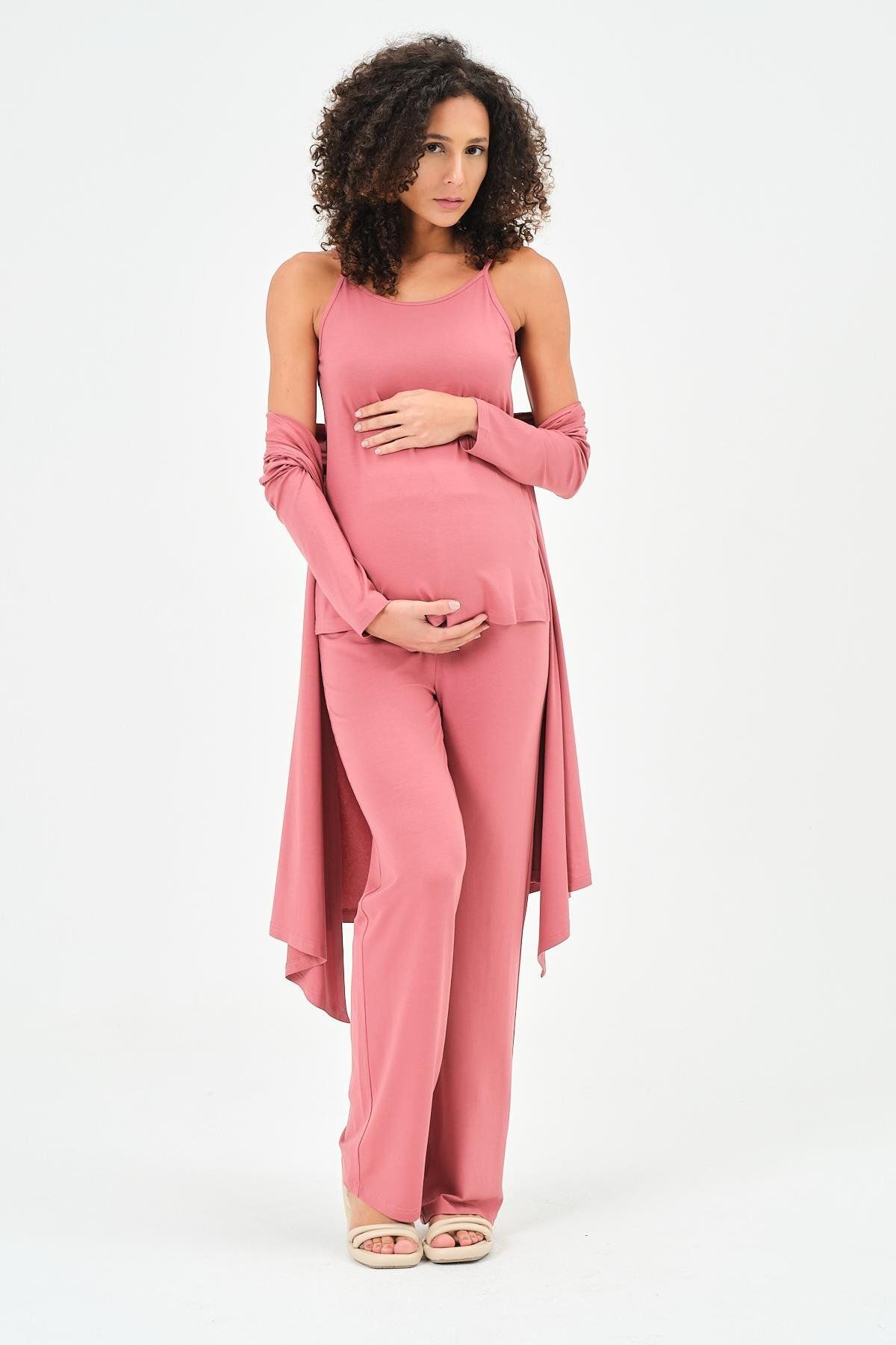 BUSA-Maternity Triple Combed Set (Strapped T-shirt - Cardigan - Wide Leg Bottom) Dried Rose 1