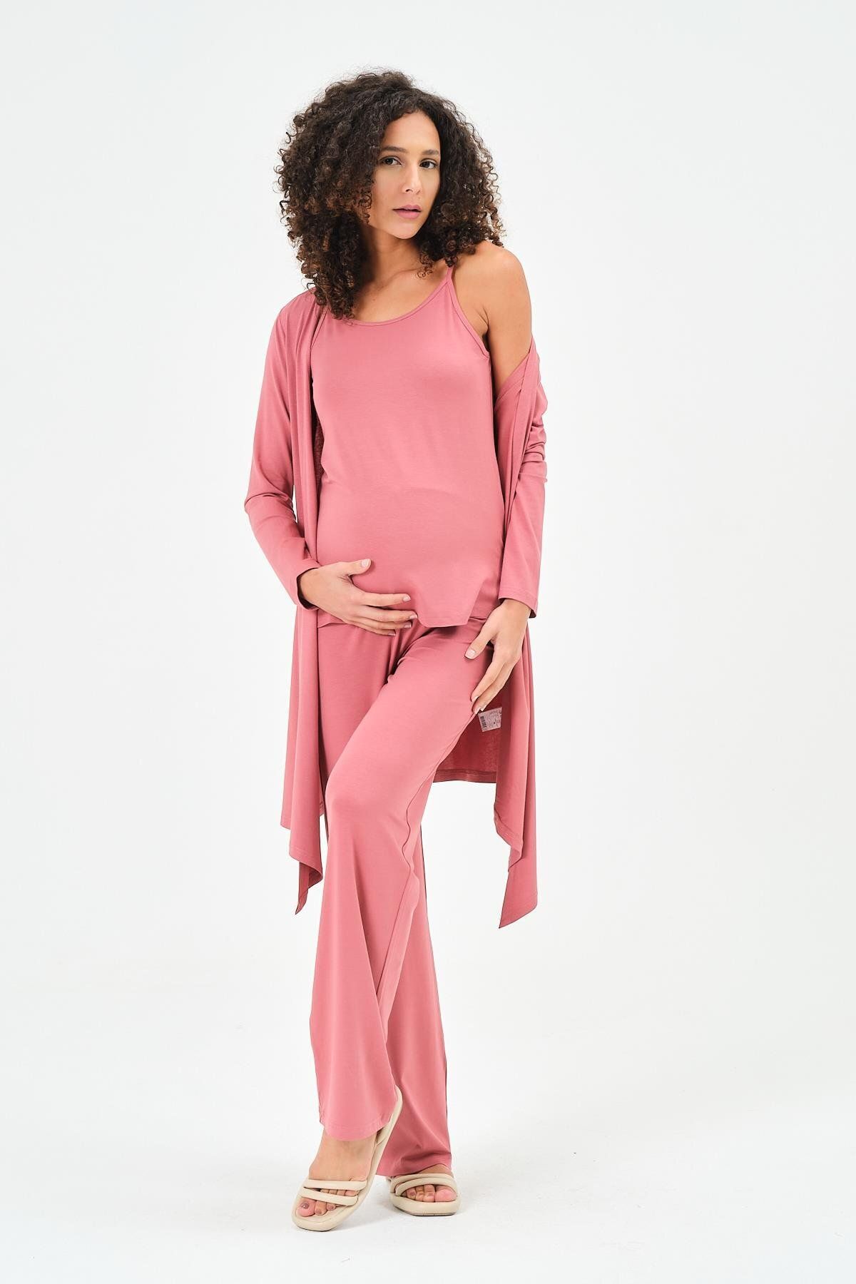 BUSA-Maternity Triple Combed Set (Strapped T-shirt - Cardigan - Wide Leg Bottom) Dried Rose 4