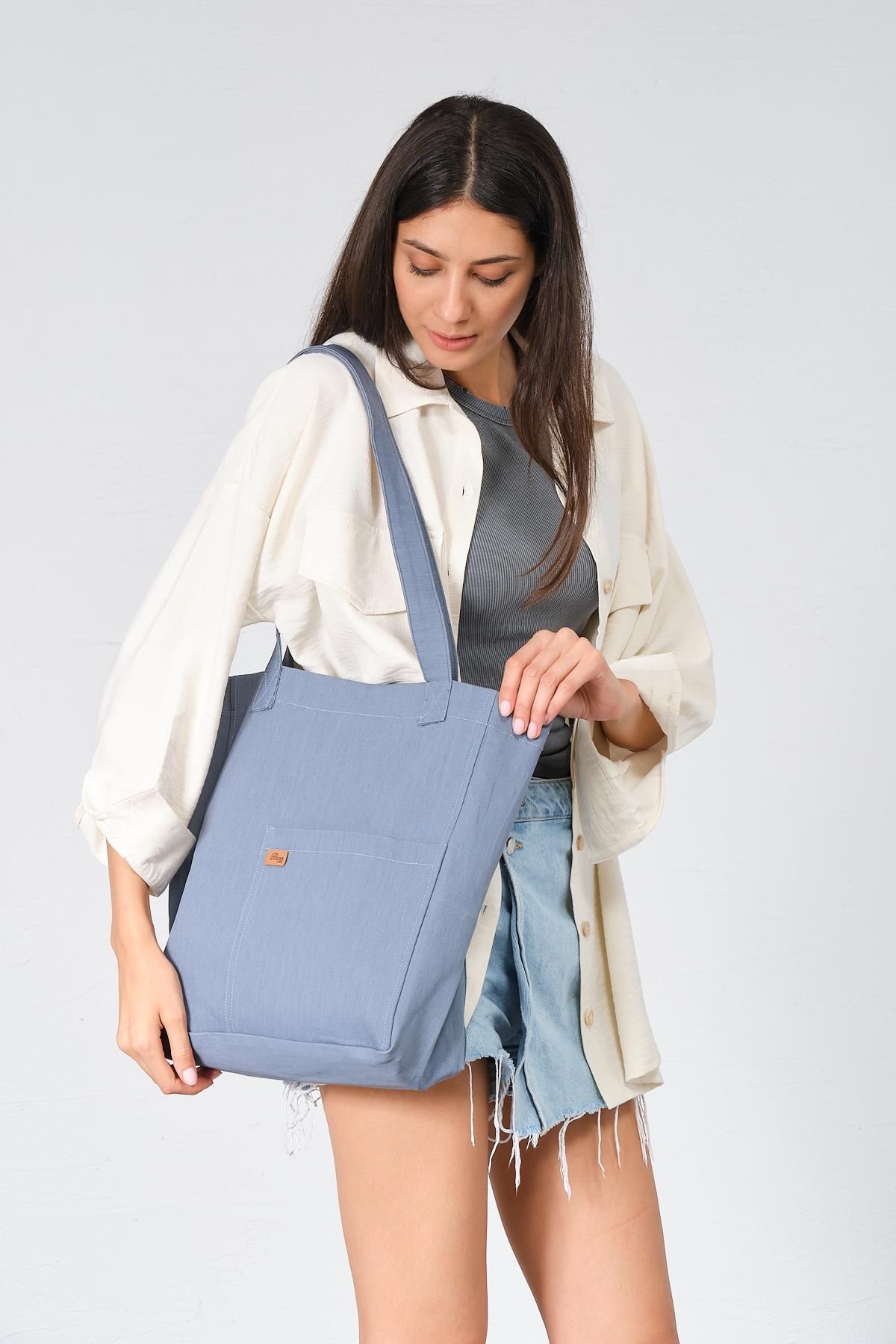 BUSA-Raw Fabric Front Pocket Tote Shoulder Bag Light Blue 5