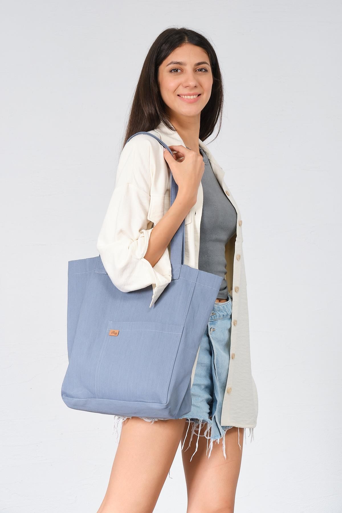 BUSA-Raw Fabric Front Pocket Tote Shoulder Bag Light Blue 4