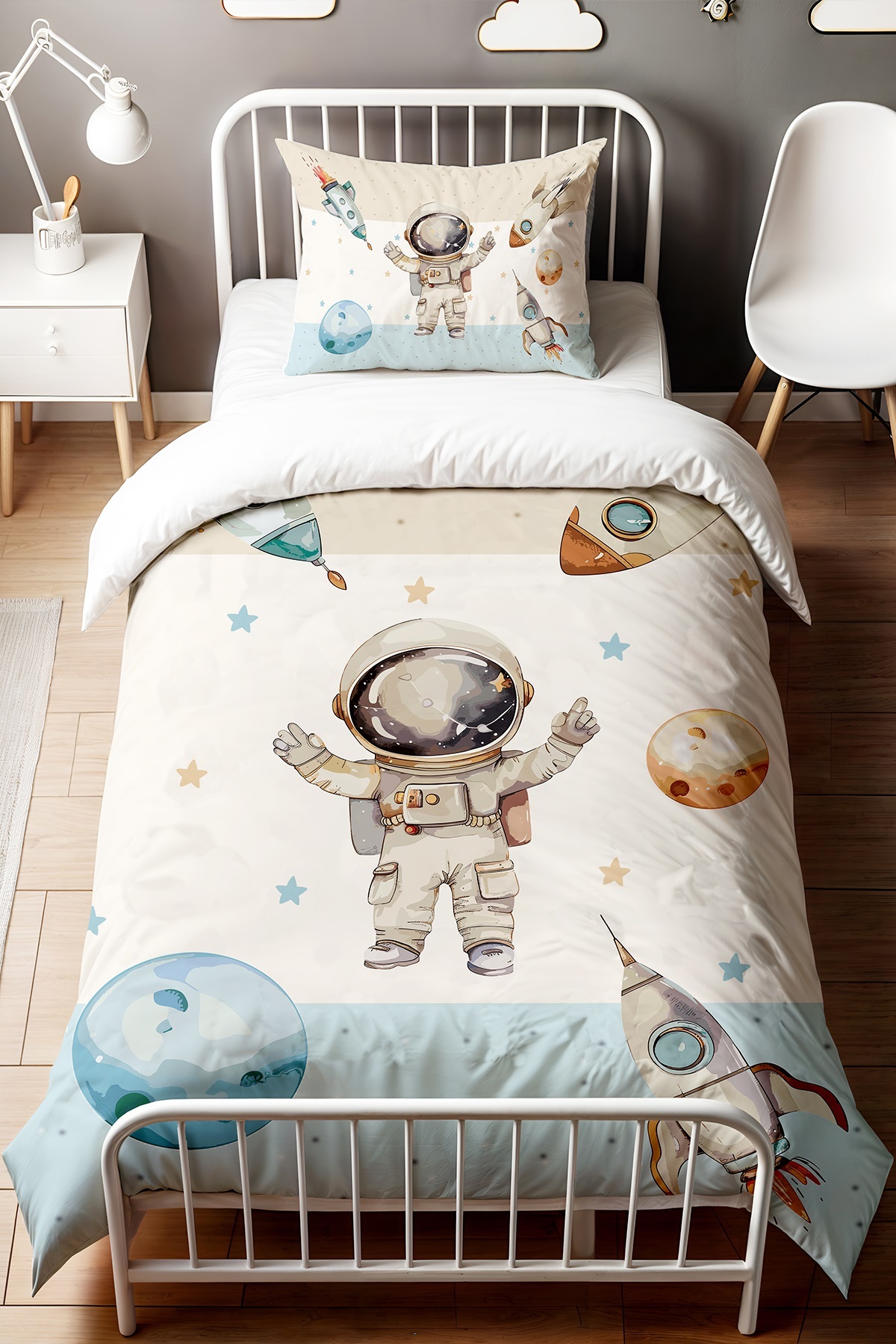 Evpanya Mavi Krem Yıldızlı Eğlenceli Astronot Desenli Tek Kişilik Bebek Çocuk Nevresim Seti fotoğrafı 2 (önizleme)