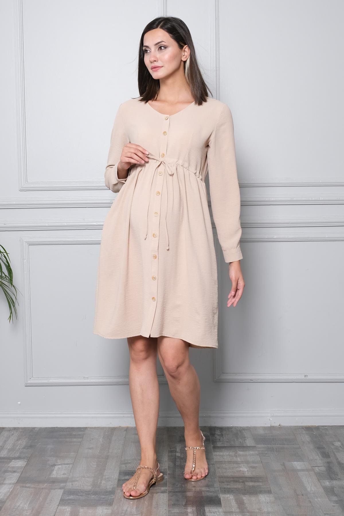 BUSA-Beige Maternity Viscose Dress - Long Sleeve, Buttoned Front and Laced 2