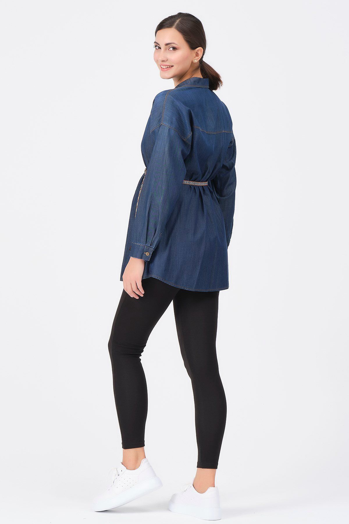 BUSA-Maternity Belted Side Pocket Denim Shirt Blue 4