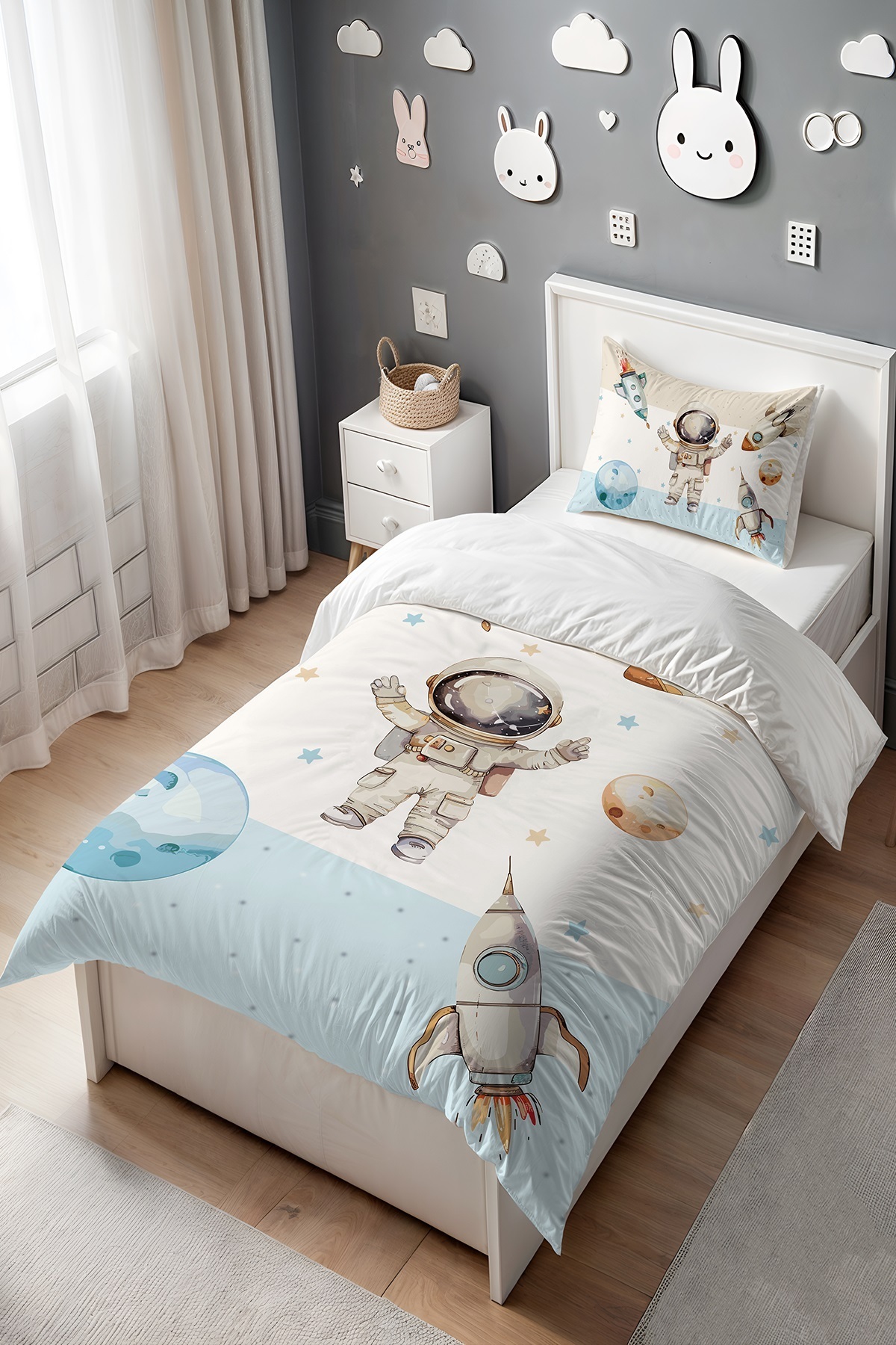 Evpanya Mavi Krem Yıldızlı Eğlenceli Astronot Desenli Tek Kişilik Bebek Çocuk Nevresim Seti fotoğrafı 3 (önizleme)