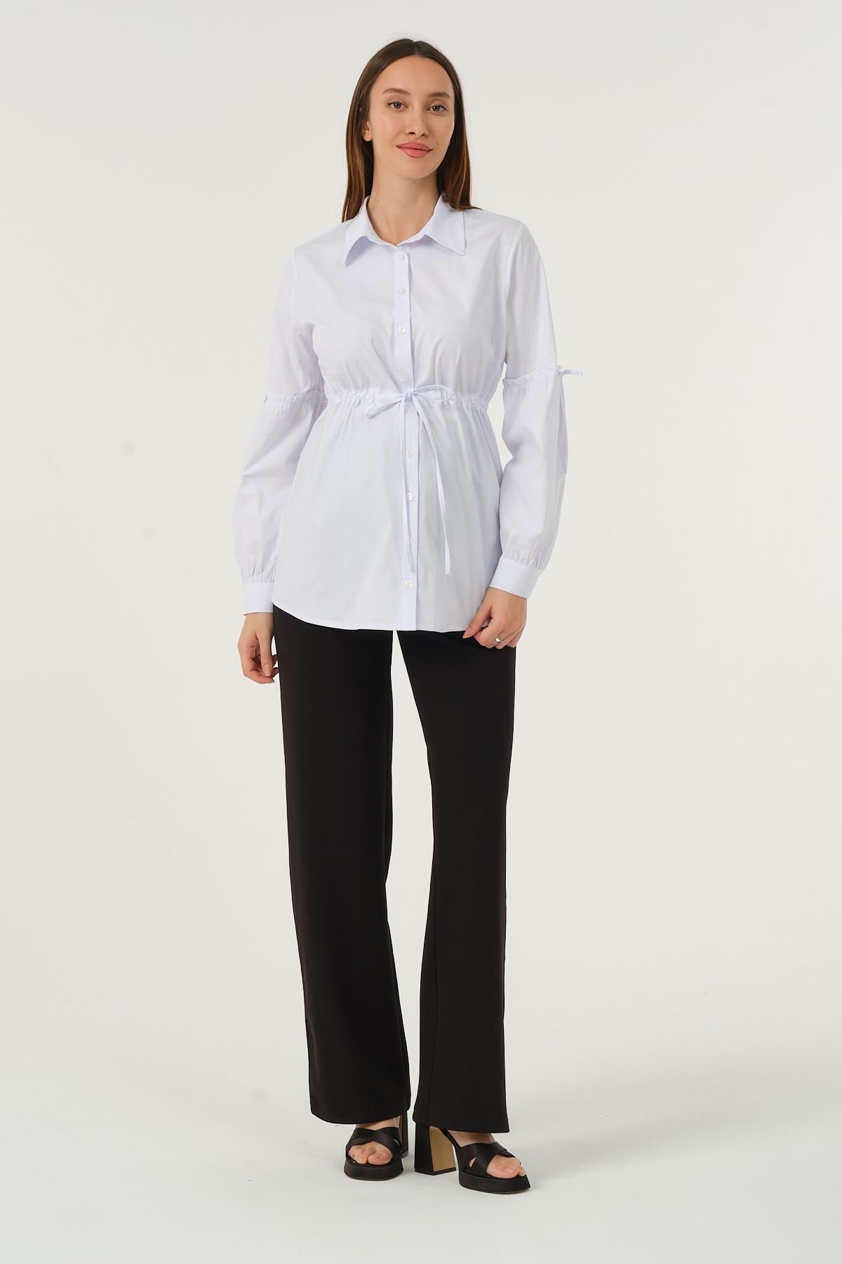 BUSA-White Maternity Shirt - Front Button and Waist Lace Sleeve Detail 1