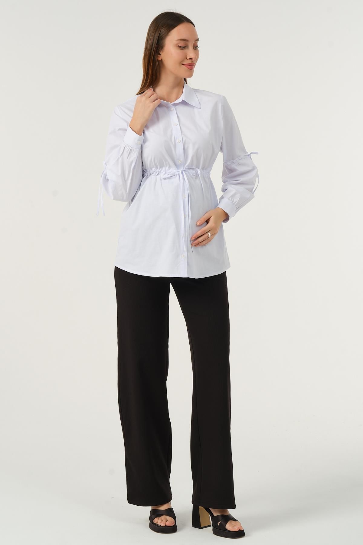 BUSA-White Maternity Shirt - Front Button and Waist Lace Sleeve Detail 4
