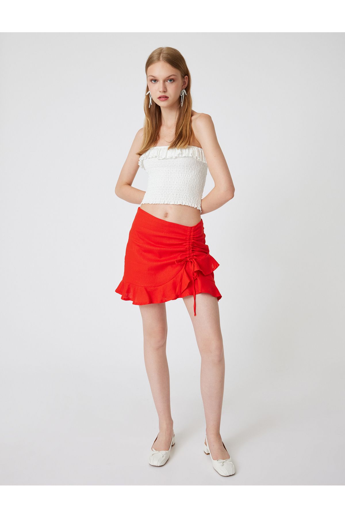Koton Yeni Sezon Fırfırlı Mini Keten Şort Etek Slim Fit Fiyonk Detaylı