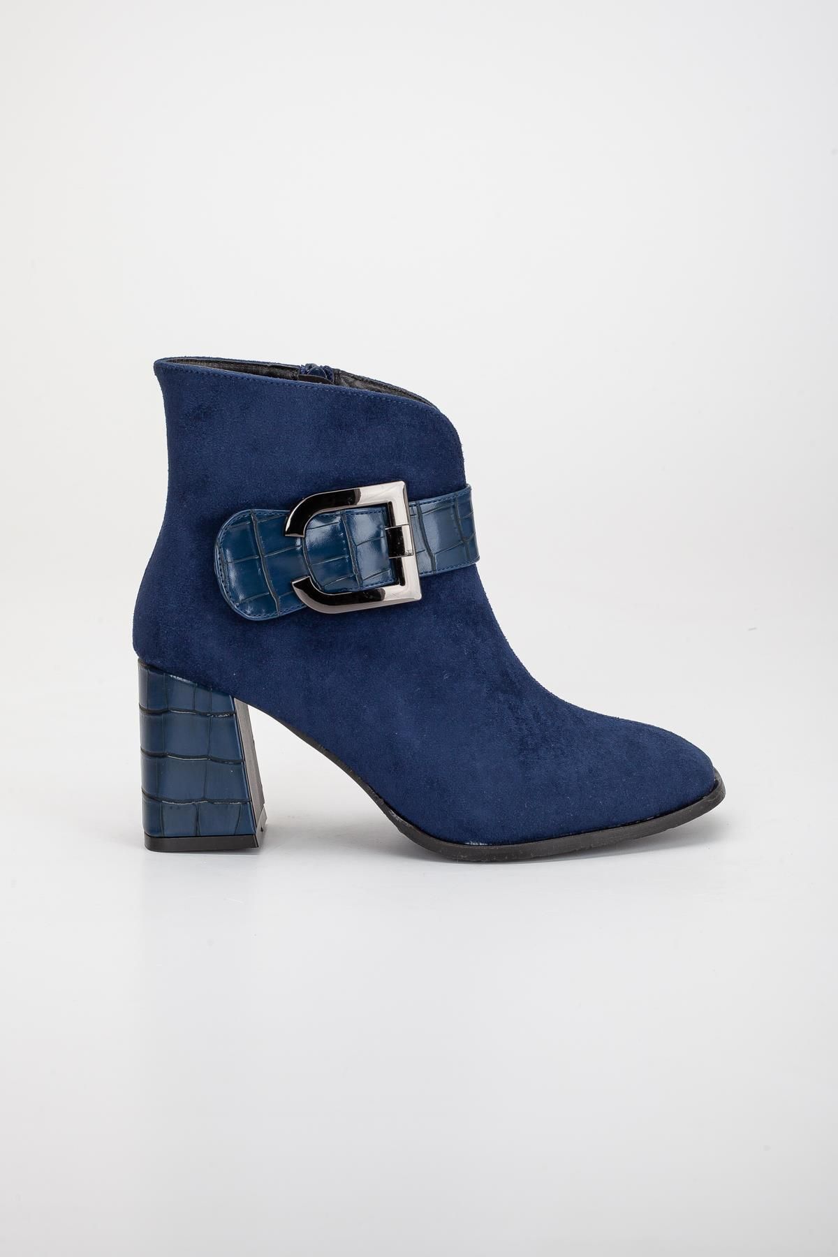 Dilimler Ayakkabı-Suede Metal Belted Navy Blue Women's Heeled Boots 3