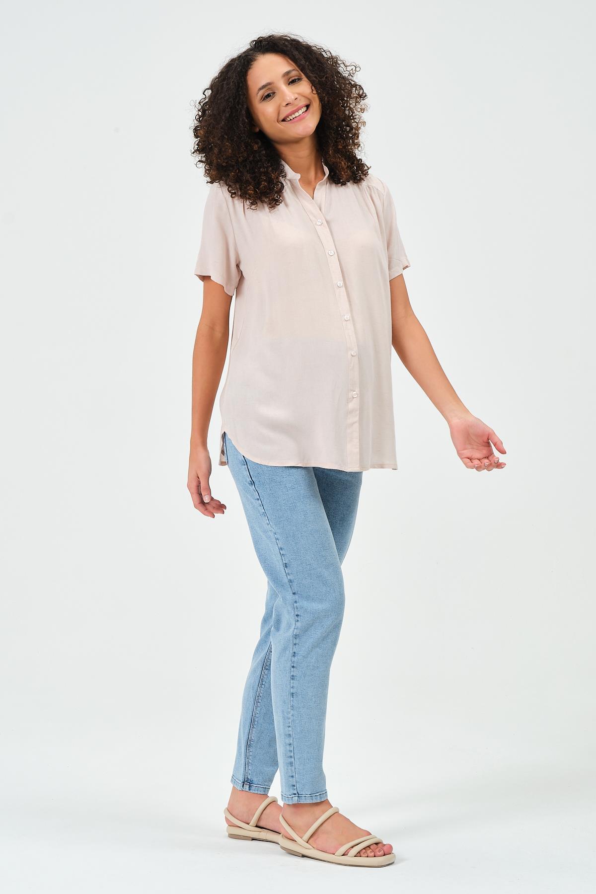 BUSA-Maternity Linen Short Sleeve Shirt Beige 3