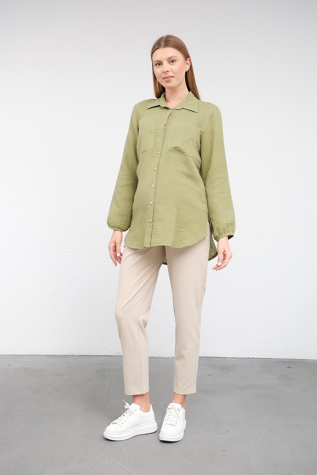BUSA-Green Linen Shirt - Maternity Sleeve Elastic, Front Pocket 2