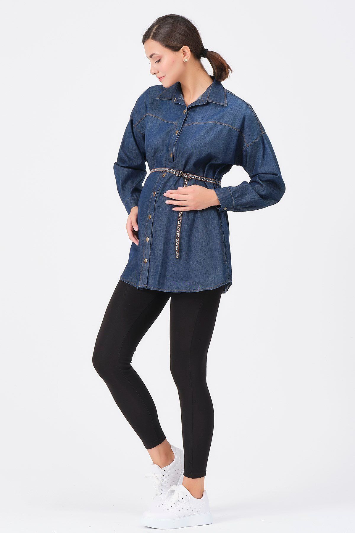 BUSA-Maternity Belted Side Pocket Denim Shirt Blue 3