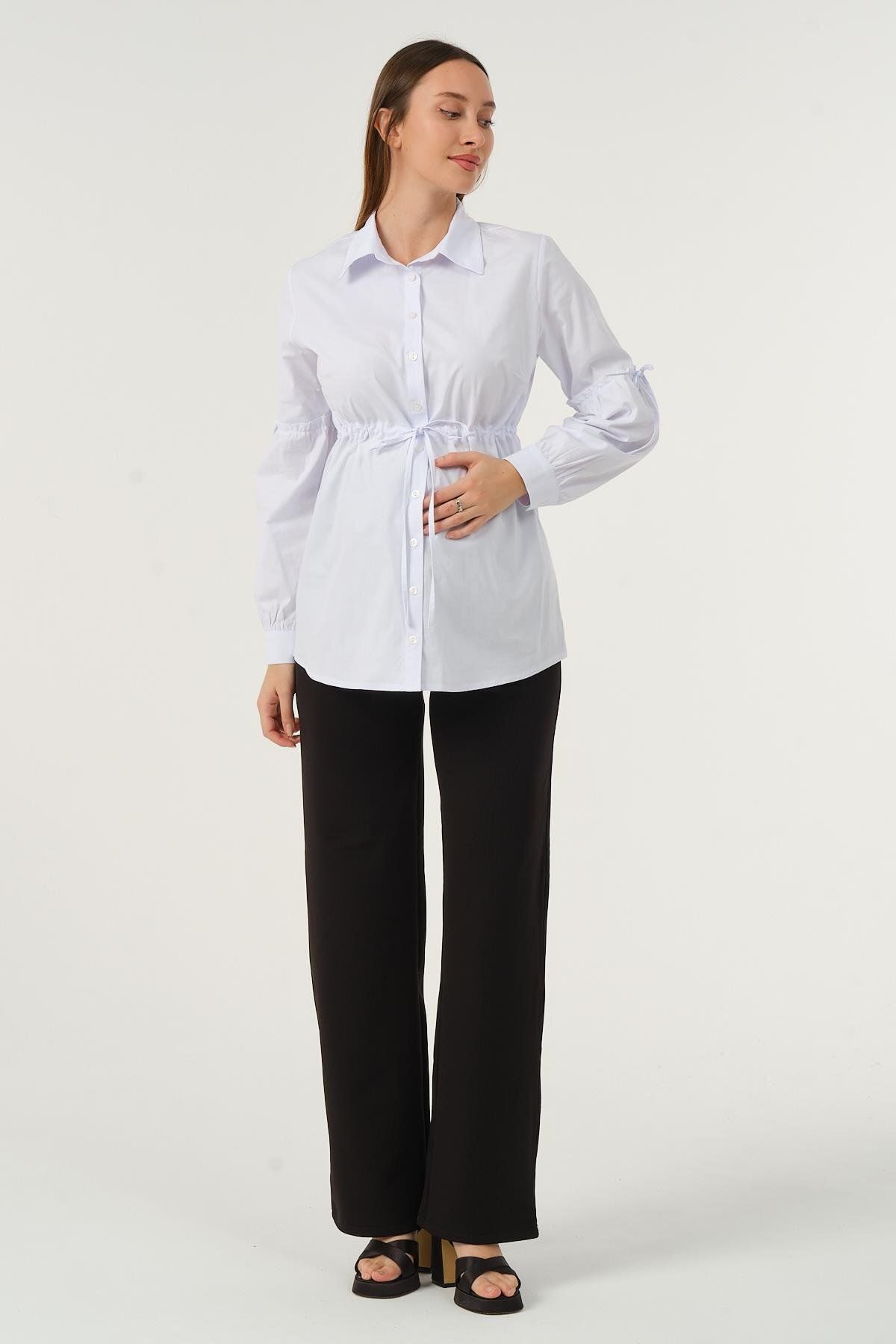 BUSA-White Maternity Shirt - Front Button and Waist Lace Sleeve Detail 5
