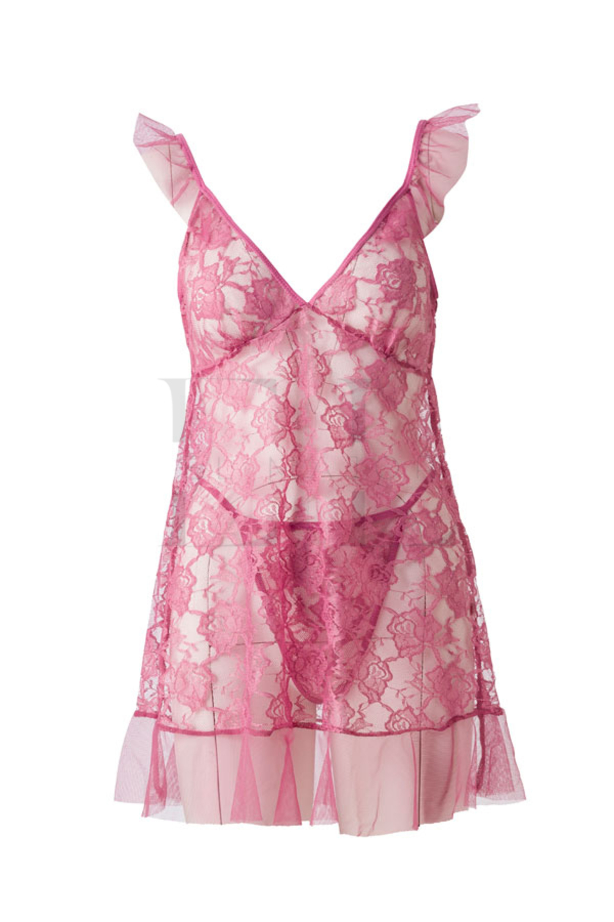 El Major Fırfır Detaylı Gül Kurusu Dantel Transparan Tül Gecelik