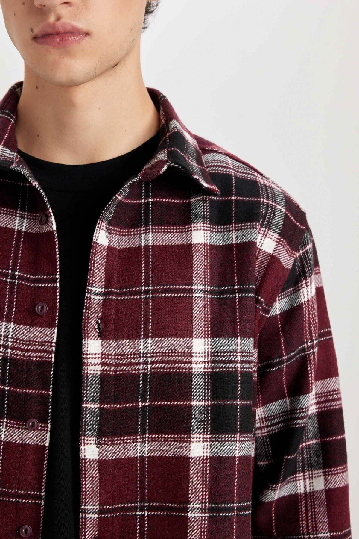 DeFacto-Regular Fit Polo Collar Checked Flannel Long Sleeve Shirt E0989Ax24Wn 5