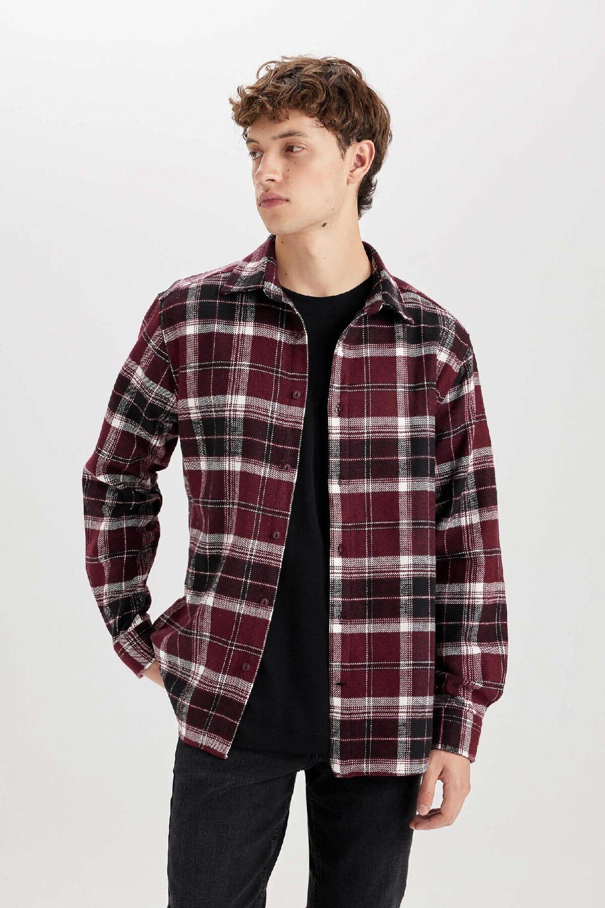 DeFacto-Regular Fit Polo Collar Checked Flannel Long Sleeve Shirt E0989Ax24Wn 3