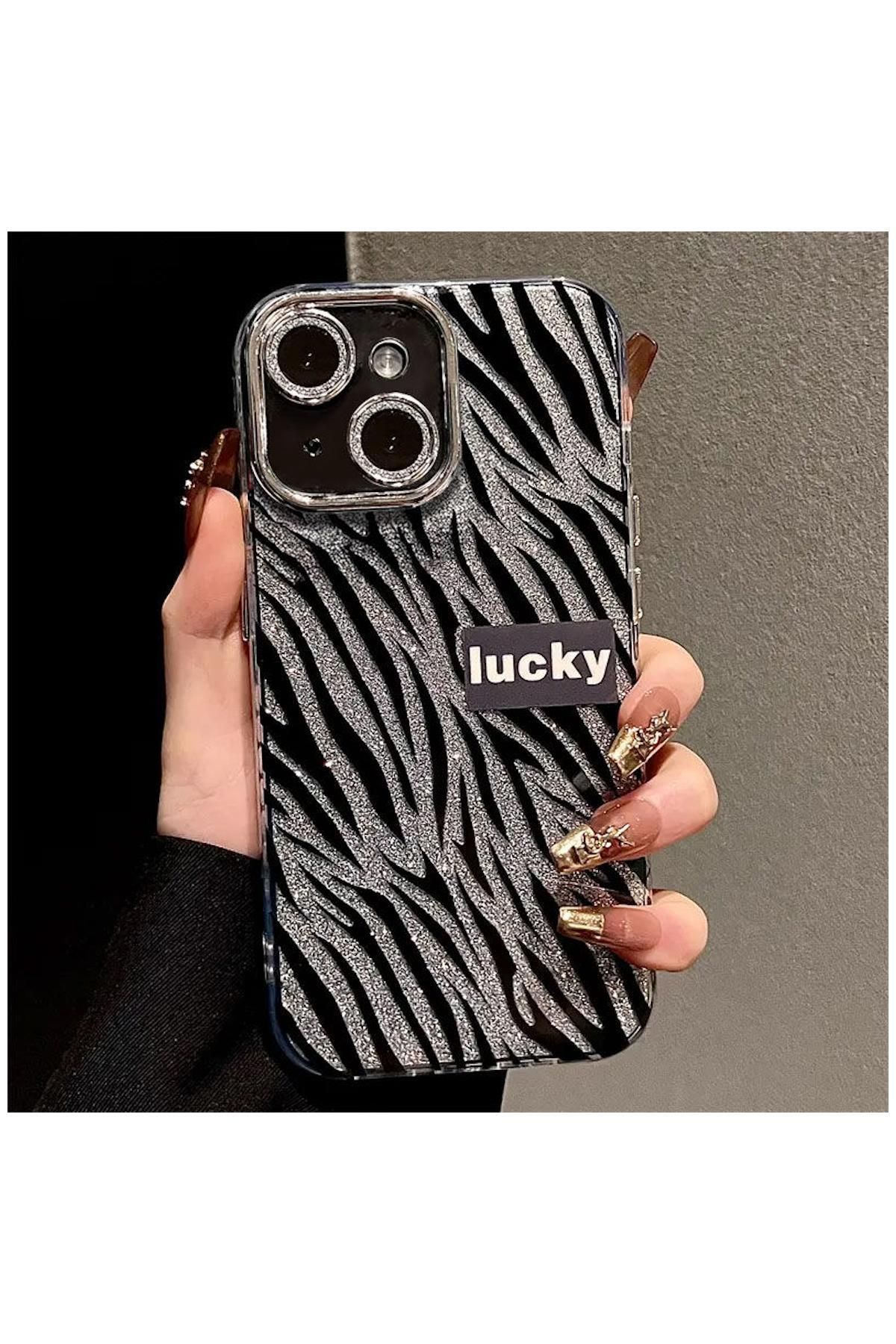 Pro Aksesuar Apple iPhone 14 Plus Uyumlu Kılıf Simli Zebra Silikon Kılıf Siyah