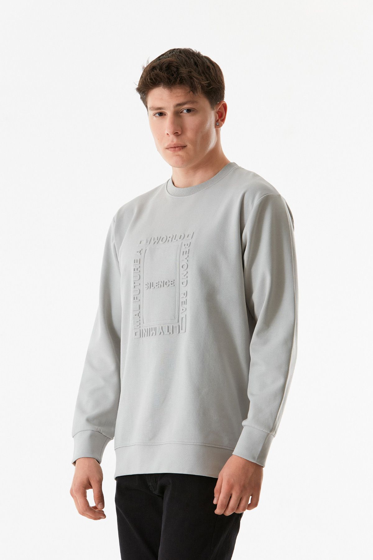 Fulla Moda-Text Embossed Crew Neck Sweatshirt 1