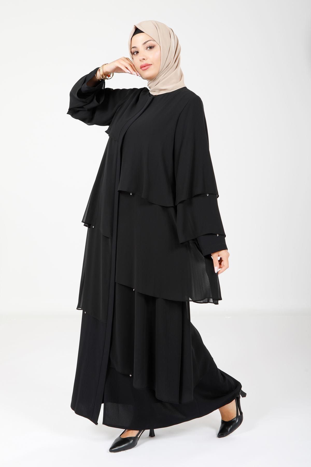مانتو و عبای پوشیده زنانه TULLE STORE STONE DETAILS مشکی FERACE 3872 Beyza