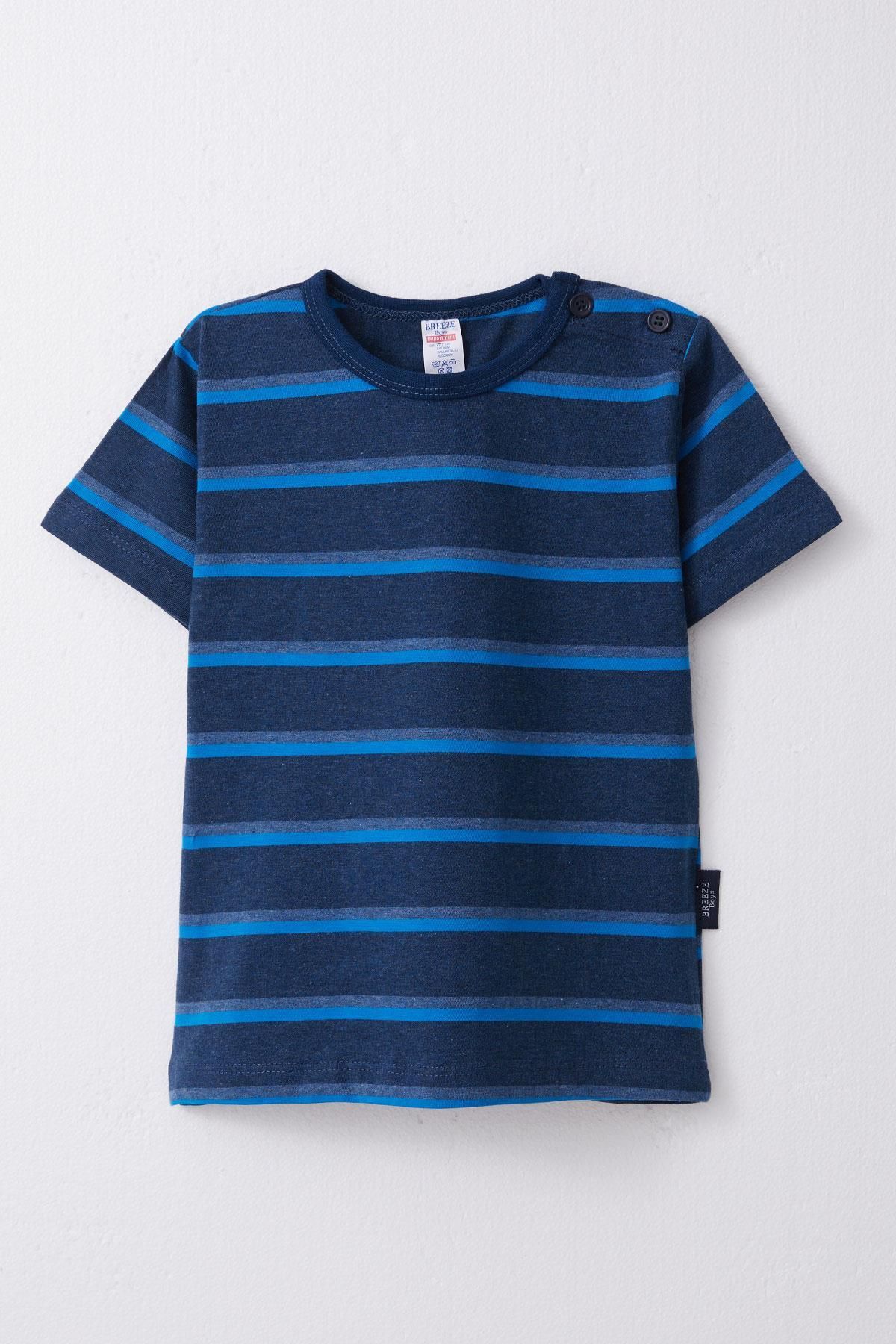 Breeze-1-4 Years Old Boy T-Shirt - Placket Striped, Navy Blue Melange 1