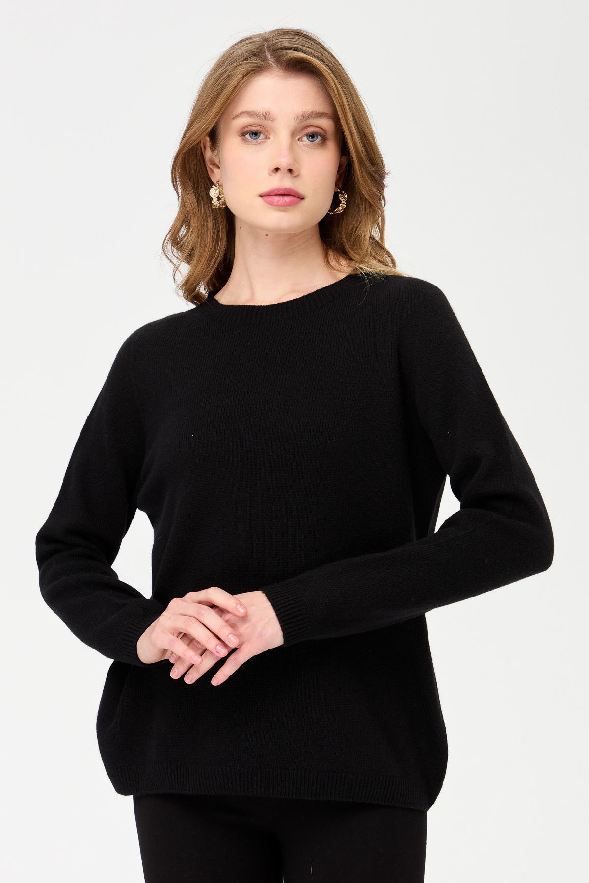 Desen Triko  Kadın Sıfır Yaka Klasik Yün Kazak Siyah - Görsel 4